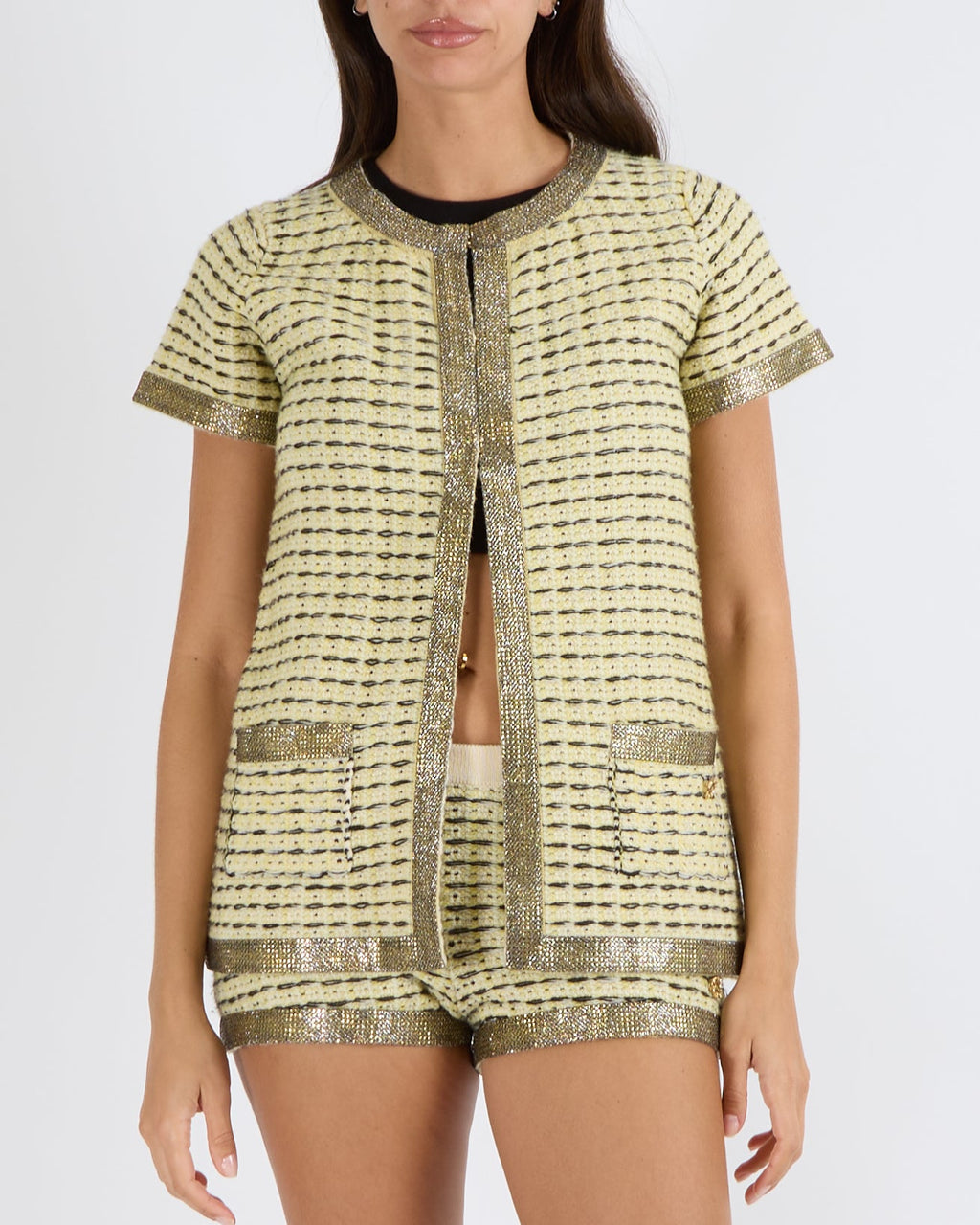 Chanel SS 2011 Yellow and Black Cashmere Knitted Cardigan and Micro Shorts Set with Crystal Embellished Trims and Gold CC Logo Detail with Pearls Size FR 36 (UK 8)