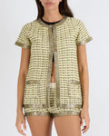 Chanel SS 2011 Yellow and Black Cashmere Knitted Cardigan and Micro Shorts Set with Crystal Embellished Trims and Gold CC Logo Detail with Pearls Size FR 36 (UK 8)