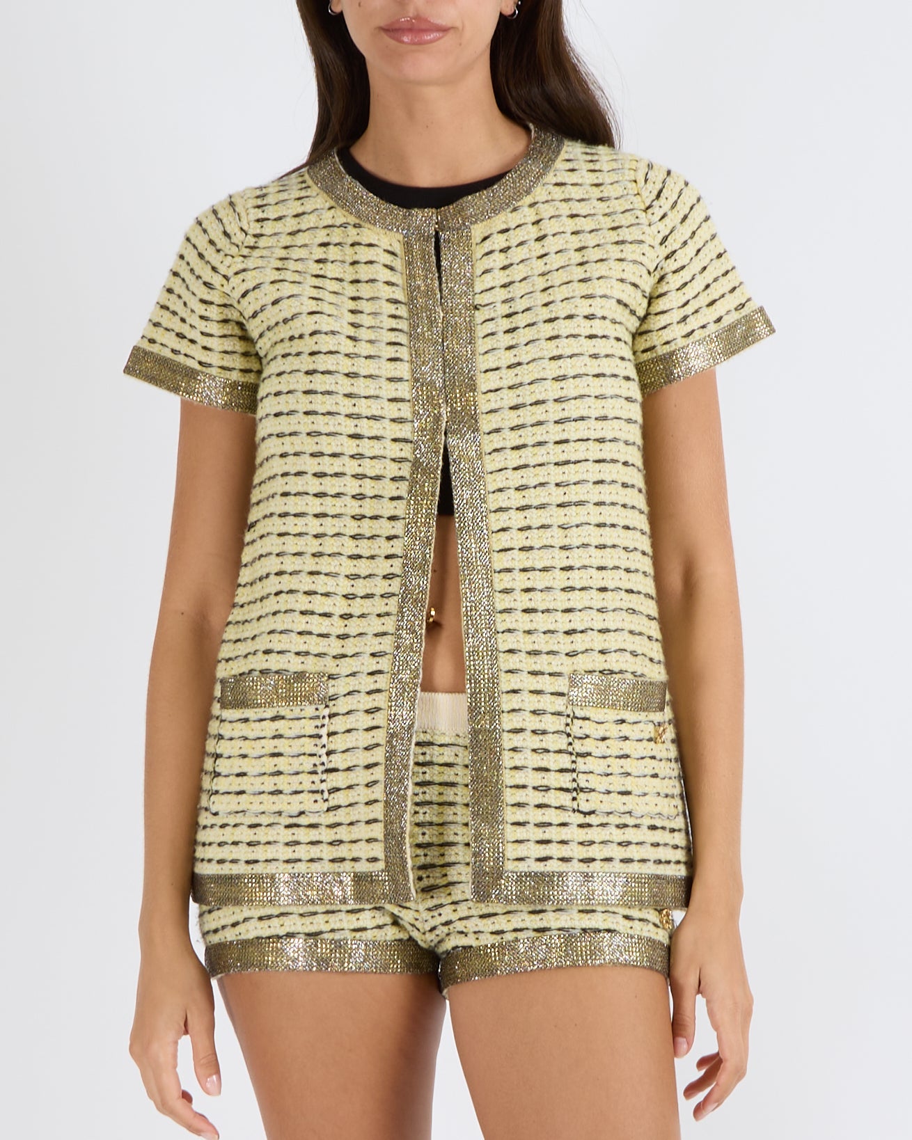 Chanel SS 2011 Yellow and Black Cashmere Knitted Cardigan and Micro Shorts Set with Crystal Embellished Trims and Gold CC Logo Detail with Pearls Size FR 36 (UK 8)