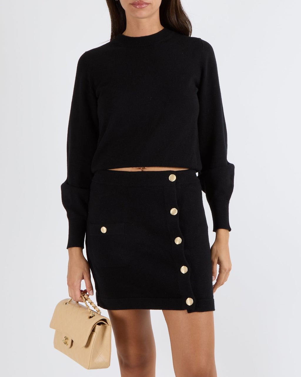 Chanel Black Cashmere Knit Mini Skirt with Textured Gold CC Logo Buttons Size FR 38 (UK 10)