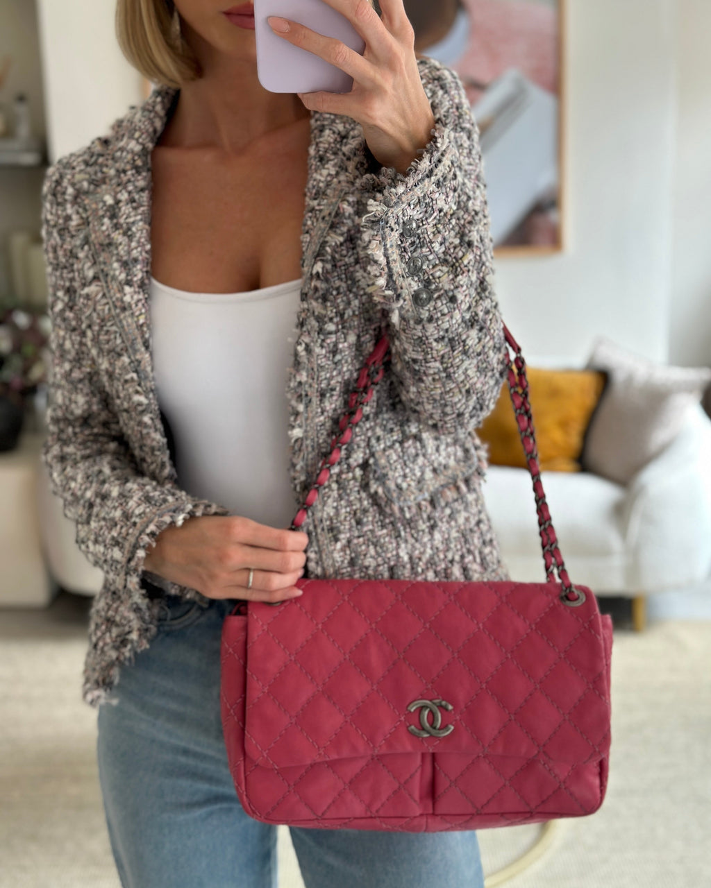 Chanel Pink Split Pocket Flap Bag with Stitched Detailing