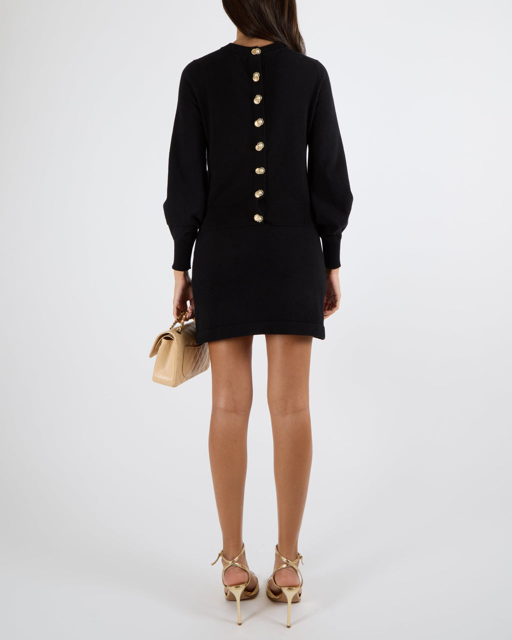 Chanel Black Cashmere Knit Mini Skirt with Textured Gold CC Logo Buttons Size FR 38 (UK 10)