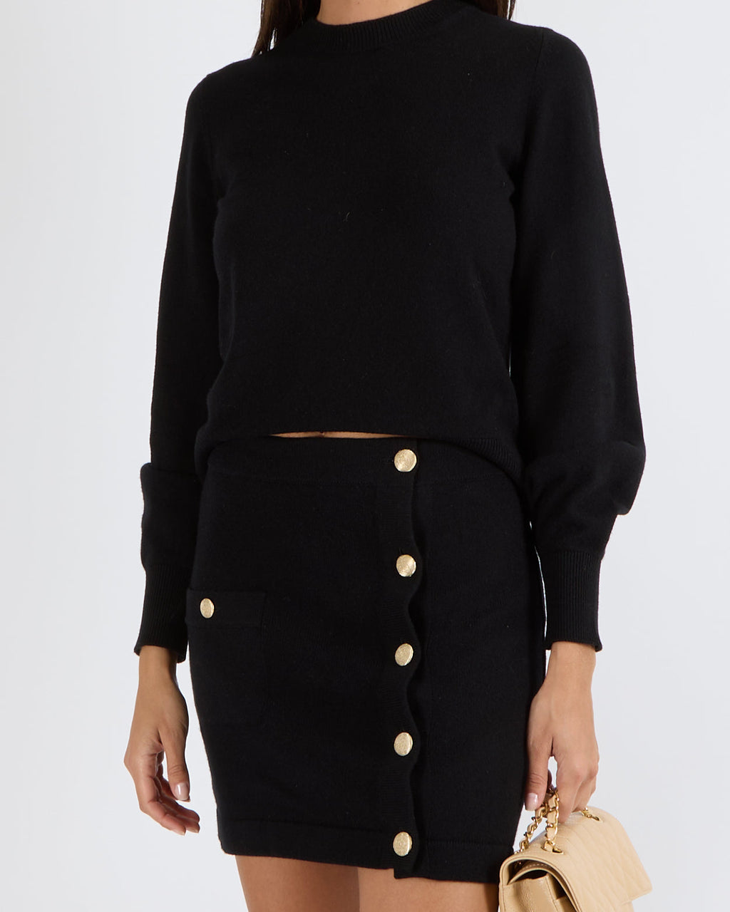 Chanel Black Cashmere Cardigan with Back Gold CC Logo and Pearl Double Buttons Size FR 34 (UK 6)