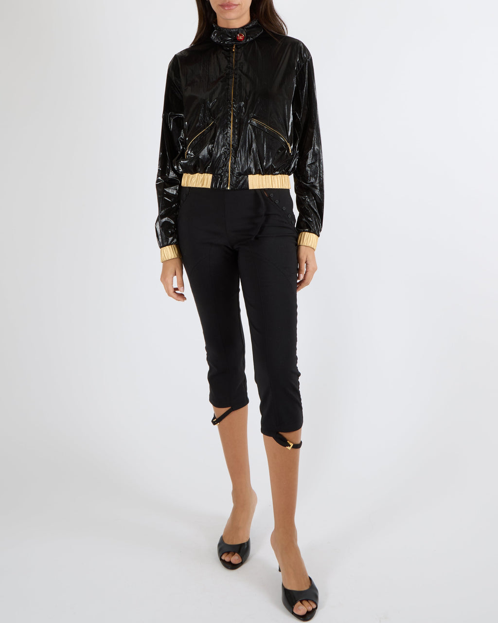 Chanel Cruise 2023 Black Shiny Bomber Jacket with Gold Trims and Zippers with Red and Gold CC Logo Button Size FR 38 (UK 10)