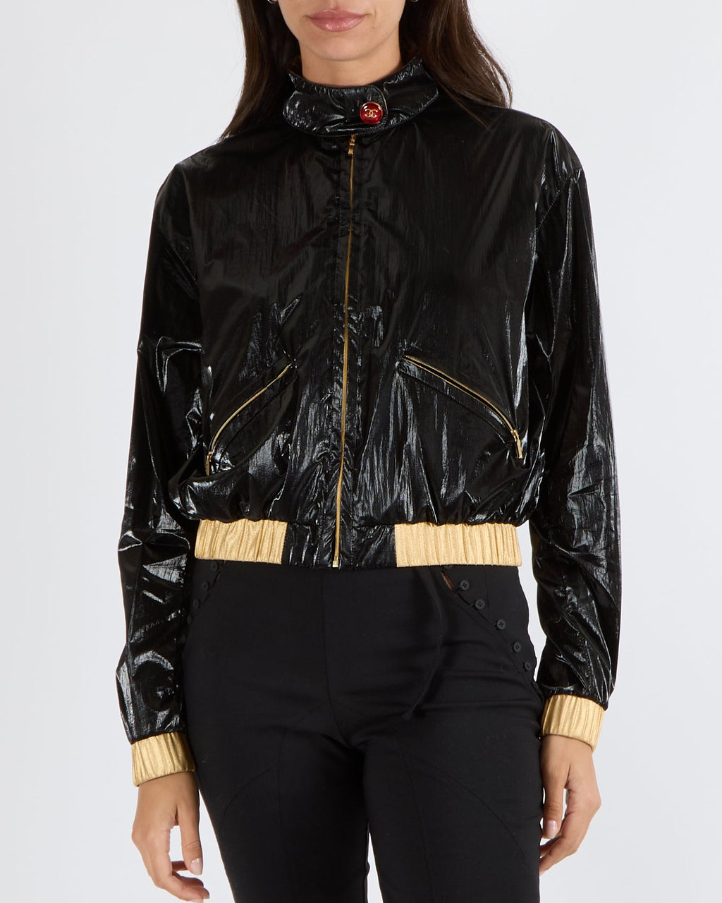 Chanel Cruise 2023 Black Shiny Bomber Jacket with Gold Trims and Zippers with Red and Gold CC Logo Button Size FR 38 (UK 10)