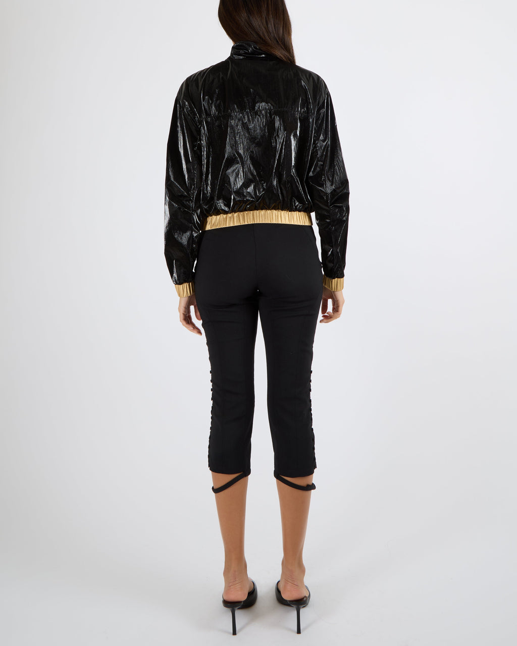 Chanel Cruise 2023 Black Shiny Bomber Jacket with Gold Trims and Zippers with Red and Gold CC Logo Button Size FR 38 (UK 10)