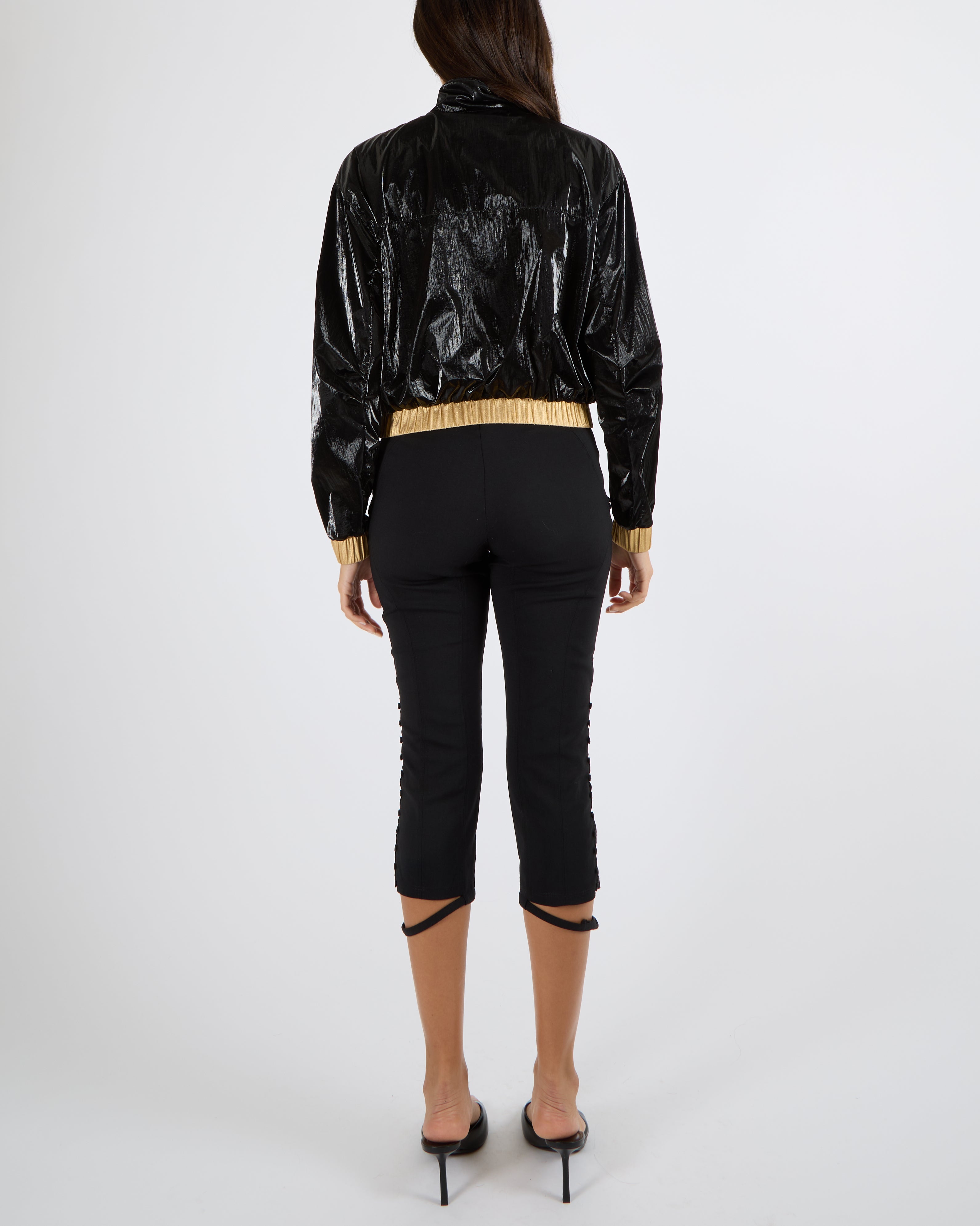 Chanel Cruise 2023 Black Shiny Bomber Jacket with Gold Trims and Zippers with Red and Gold CC Logo Button Size FR 38 (UK 10)