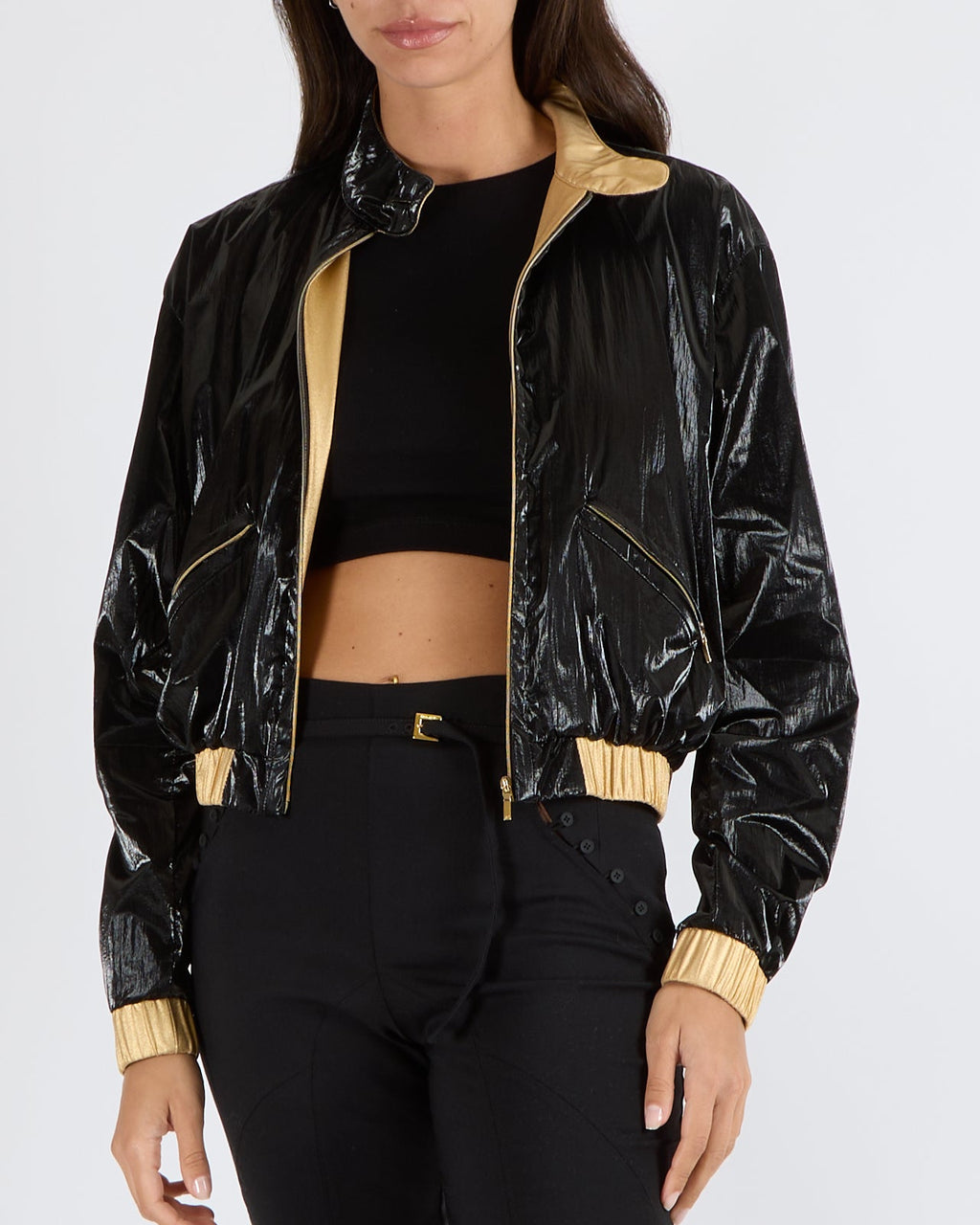 Chanel Cruise 2023 Black Shiny Bomber Jacket with Gold Trims and Zippers with Red and Gold CC Logo Button Size FR 38 (UK 10)