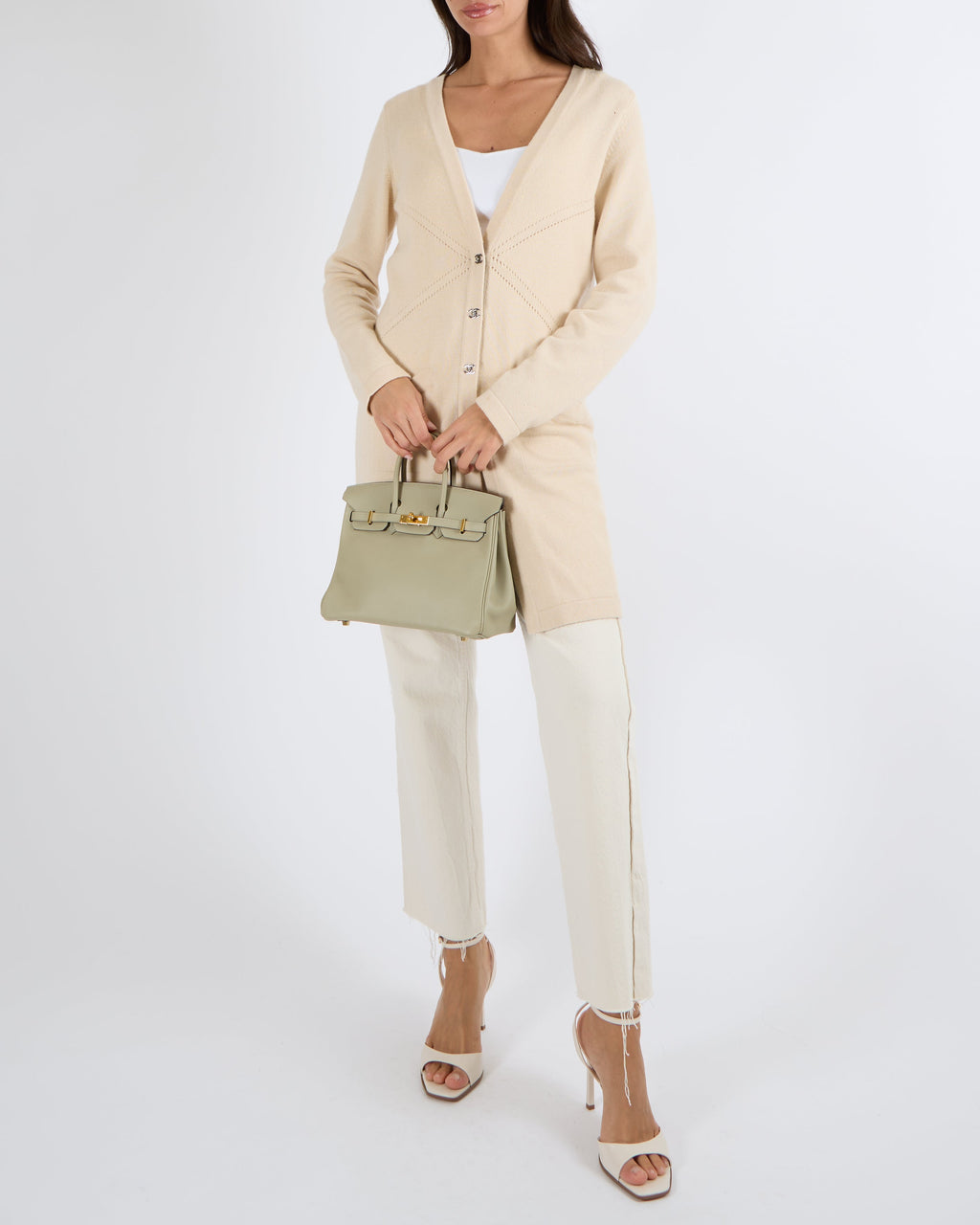 Chanel Beige Cashmere Long Cardigan with Silver CC Turnlock Buttons Size FR 40 (UK 12)