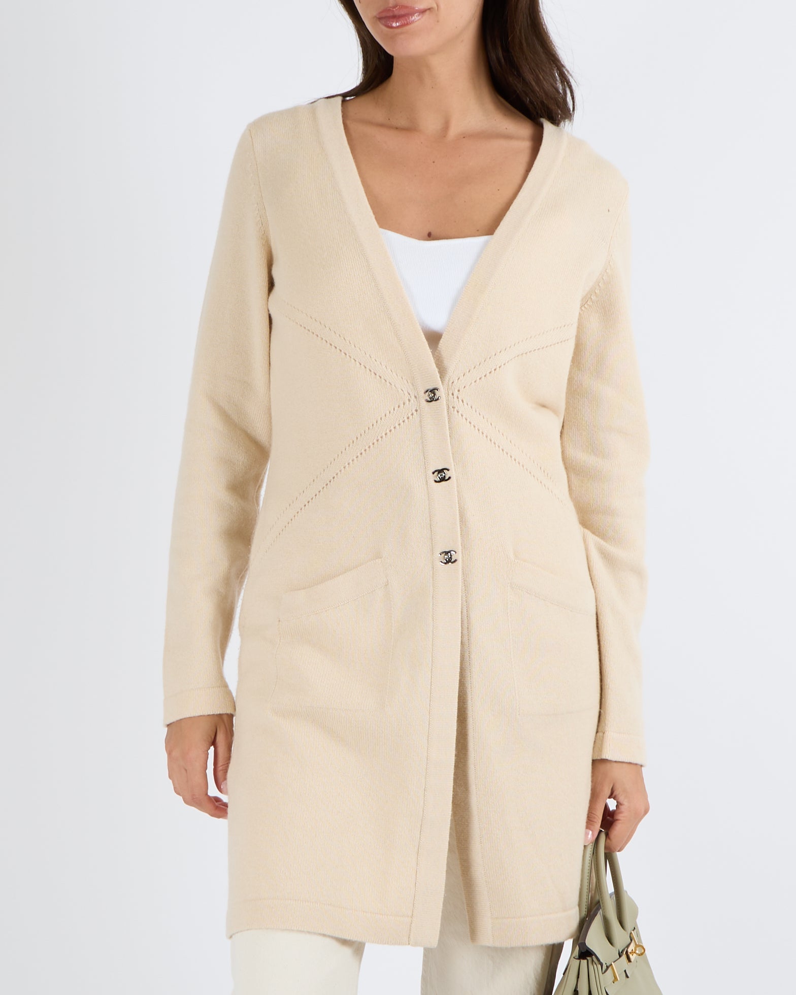 Chanel Beige Cashmere Long Cardigan with Silver CC Turnlock Buttons Size FR 40 (UK 12)