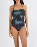 Chanel Black One-Piece Swimsuit with Blue Shimmery Quilted Pattern and Camellia Embroideries with CC Logo Details and Removable Straps Size FR 38 (UK 10)