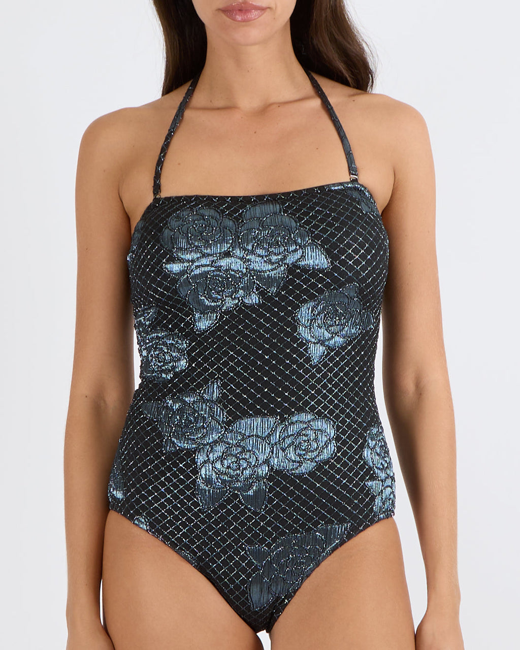 Chanel Black One-Piece Swimsuit with Blue Shimmery Quilted Pattern and Camellia Embroideries with CC Logo Details and Removable Straps Size FR 38 (UK 10)