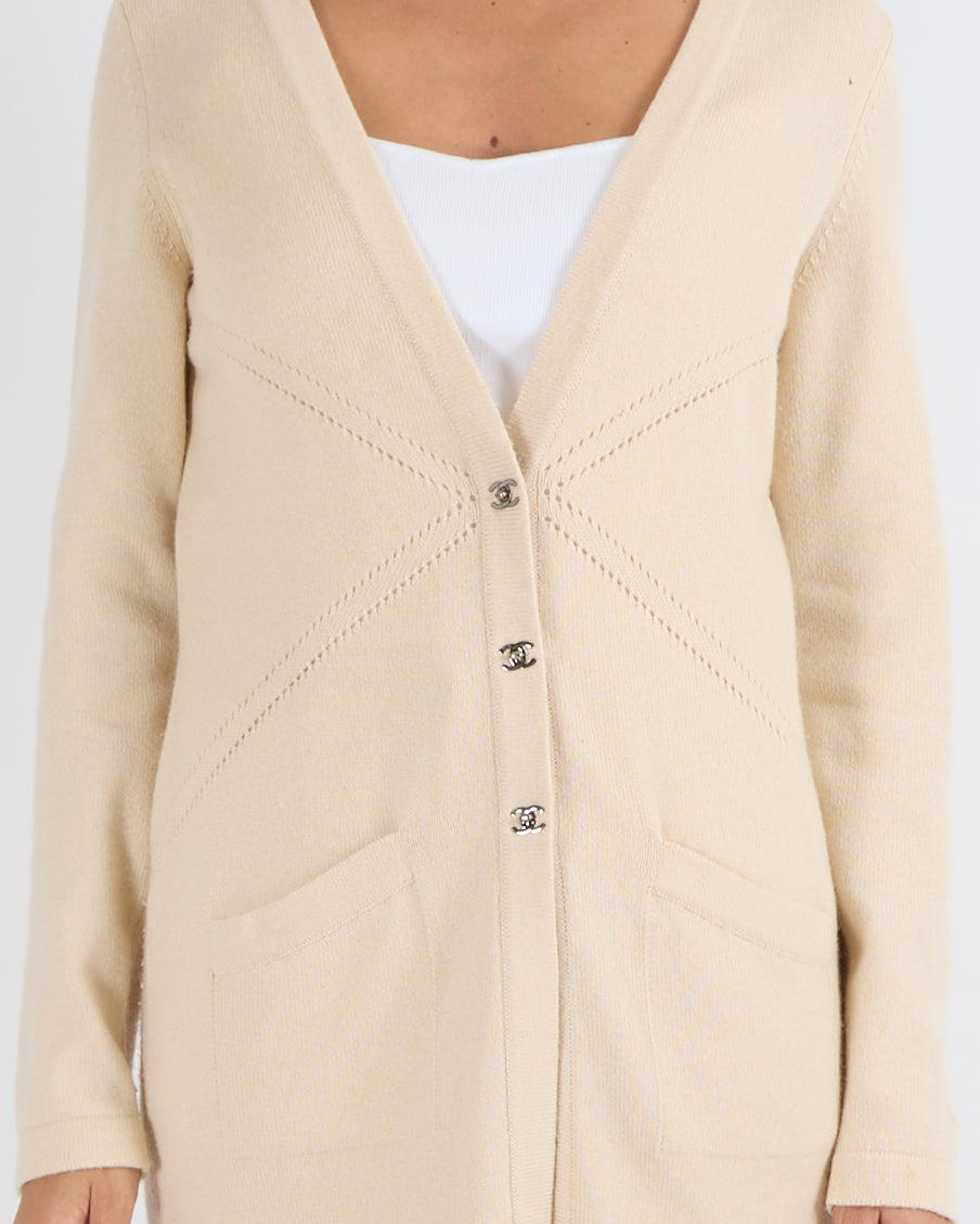 Chanel Beige Cashmere Long Cardigan with Silver CC Turnlock Buttons Size FR 40 (UK 12)