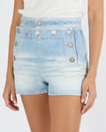 Chanel Coco Beach 2024 Light Blue Denim Mini Shorts with Textured Silver Coco CC Logo Buttons Size FR 34 (UK 6)