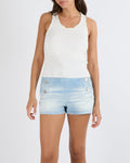 Chanel White Ribbed Sleeveless Tank Top with Ruffled Hems and Front Pockets with Transparent and White CC Logo Button Detail Size FR 34 (UK 6)