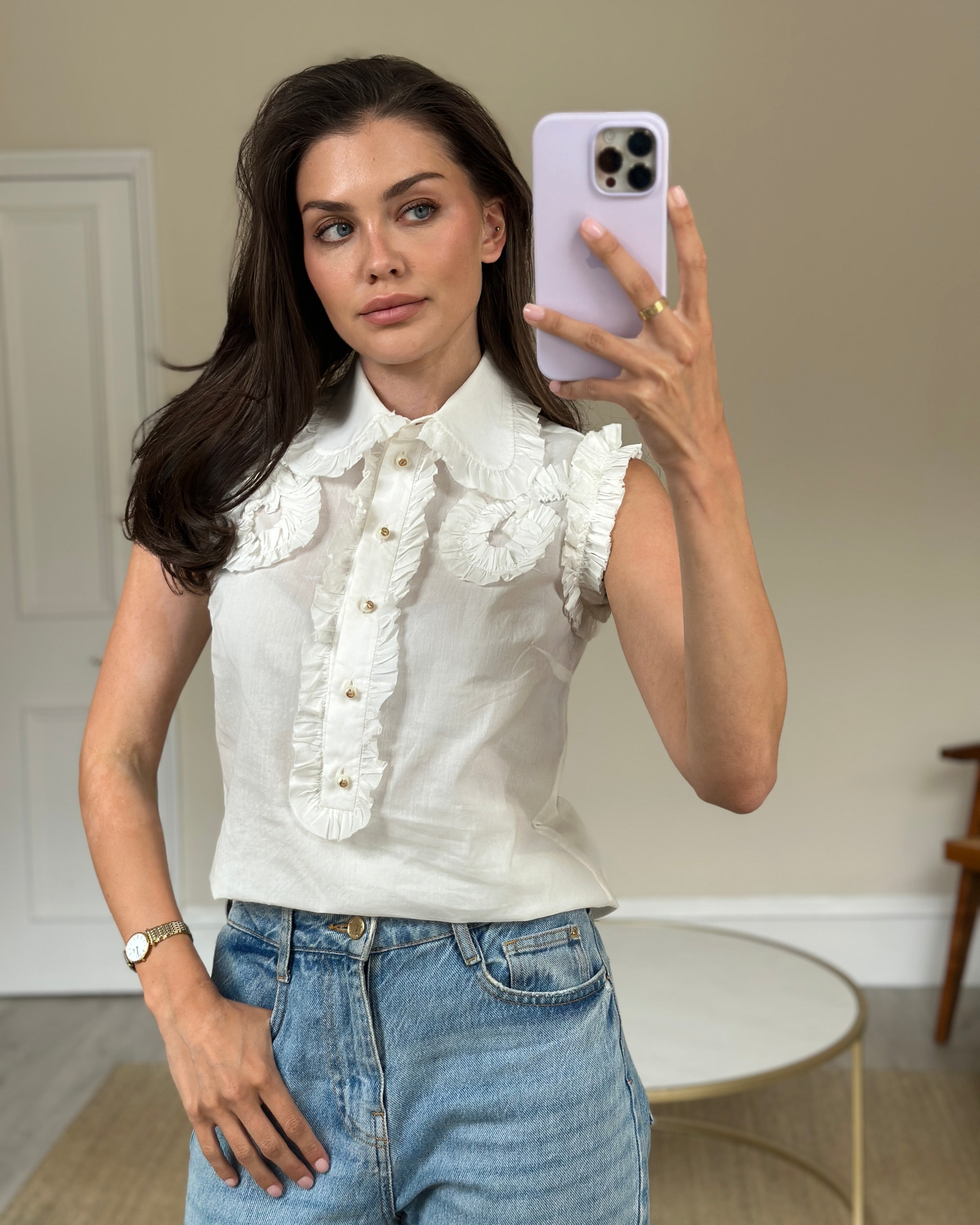 Gucci White Ruched Short Sleeve Blouse with Pearl GG Detailing IT 38 (UK 6)