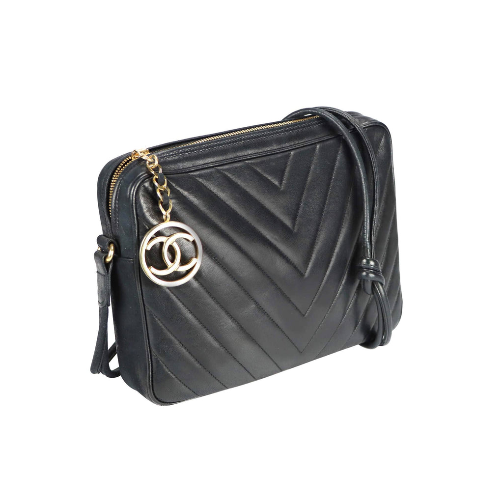 Chanel Chevron Shoulder Bag Black Lambskin