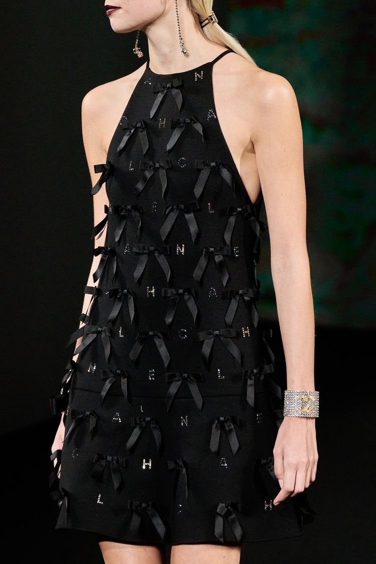 *RARE* Chanel 23/S Black Mini Dress with Bow Details and Crystal Logo Embellishments Size FR 34 (UK 6)