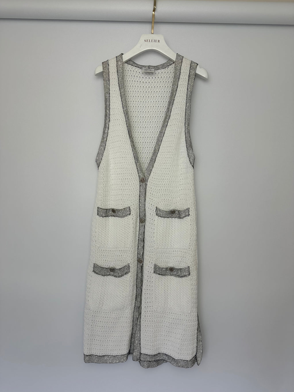Chanel White Long Line Button Down Vest with Pocket Detail FR 38 (UK 10)