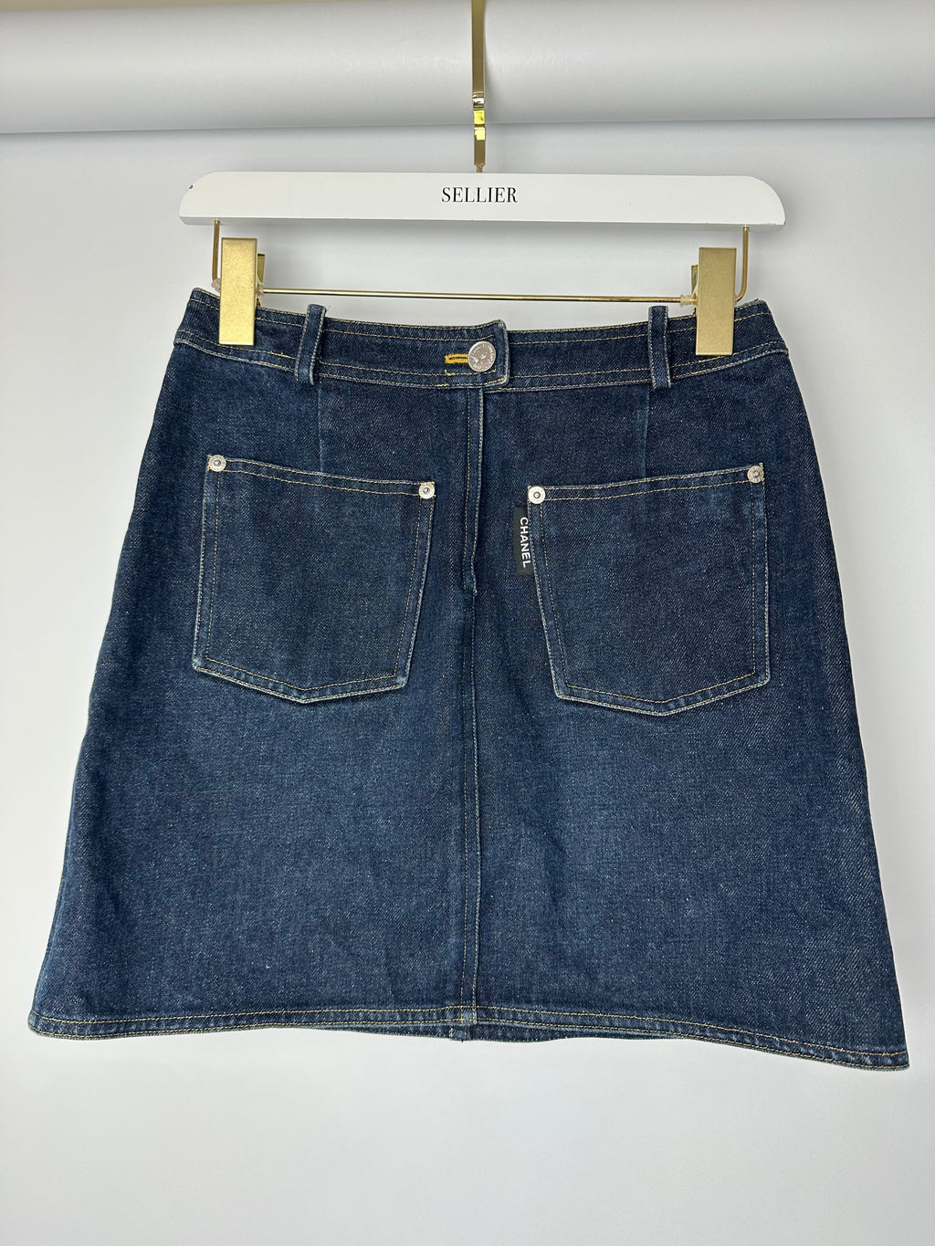 Chanel 96/P Navy Denim Mini Skirt with Patch Pocket Details Size FR 40 (UK 12)