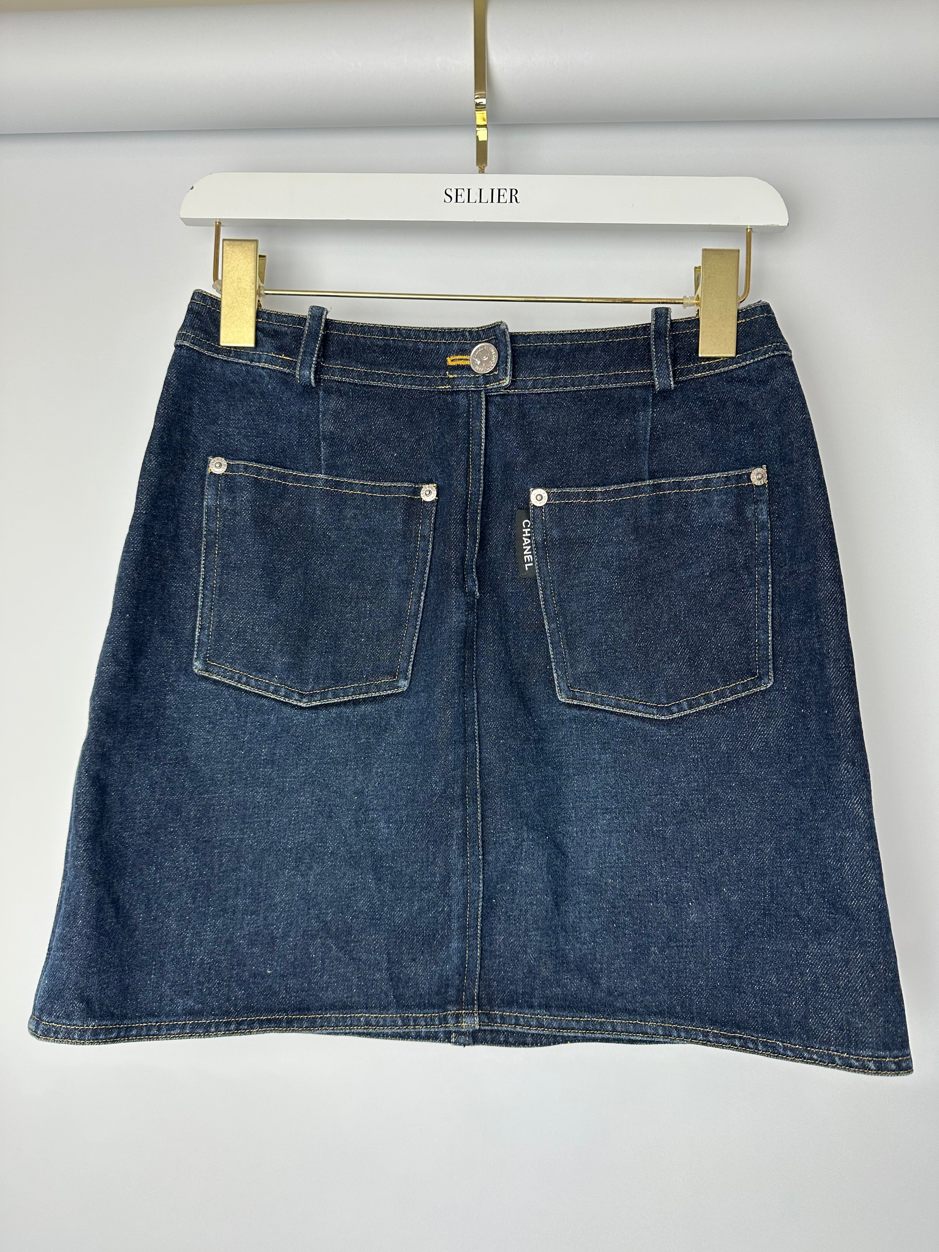 Chanel 96/P Navy Denim Mini Skirt with Patch Pocket Details Size FR 40 (UK 12)