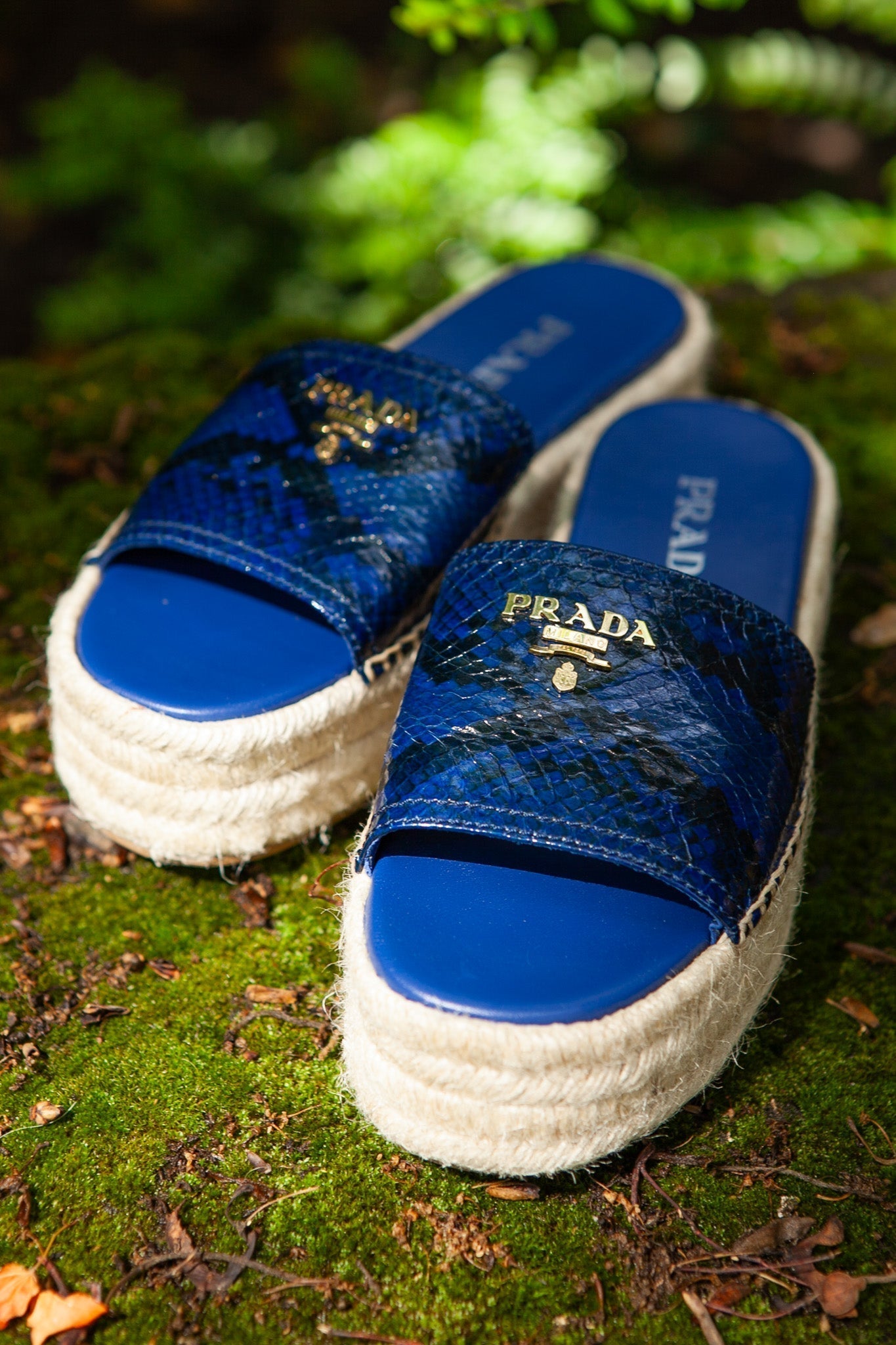 PRADA Platform Espadrille Sandals Python Print Blue