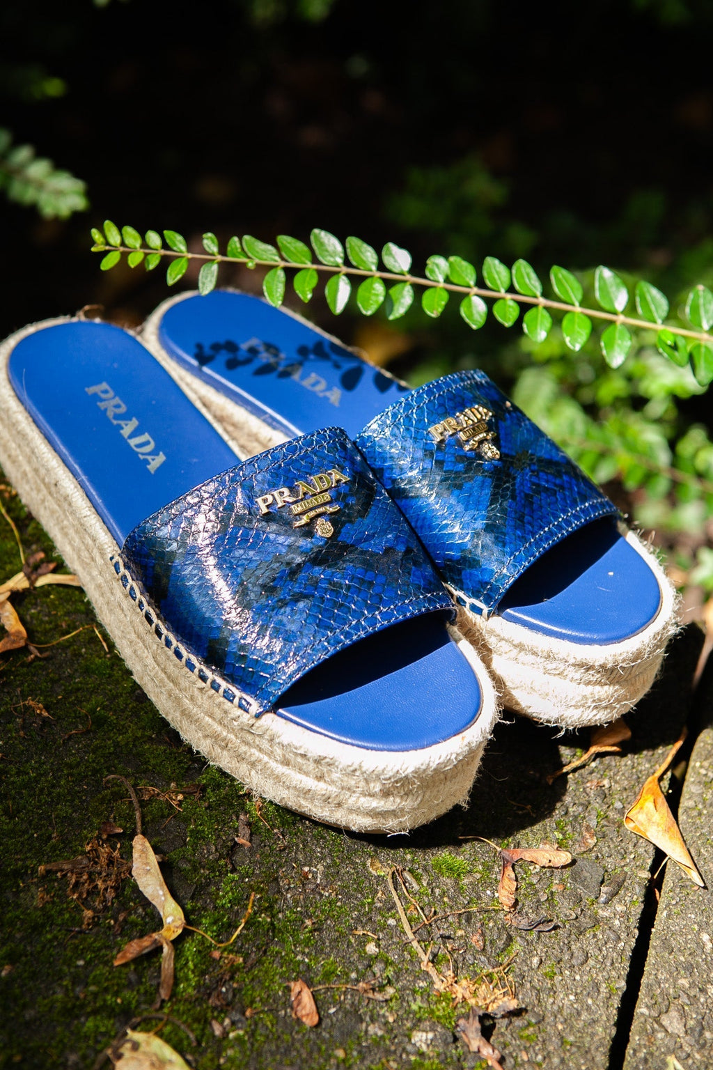 PRADA Platform Espadrille Sandals Python Print Blue