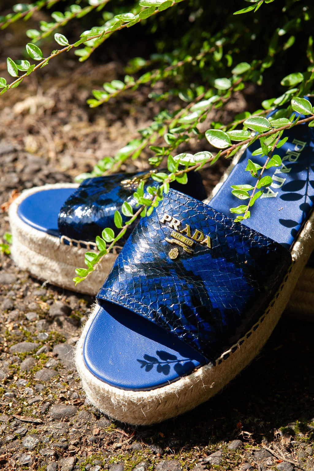 PRADA Platform Espadrille Sandals Python Print Blue
