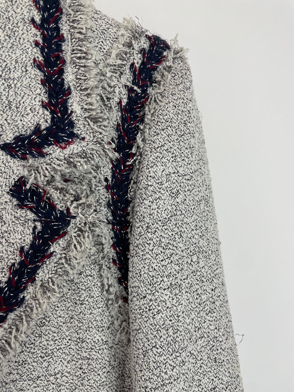 Chanel 08P Light Grey Tweed Jacket with Contrast Navy and Red Tweed Trim with CC Detail Buttons On The Cuff Size FR 38 (UK 10)