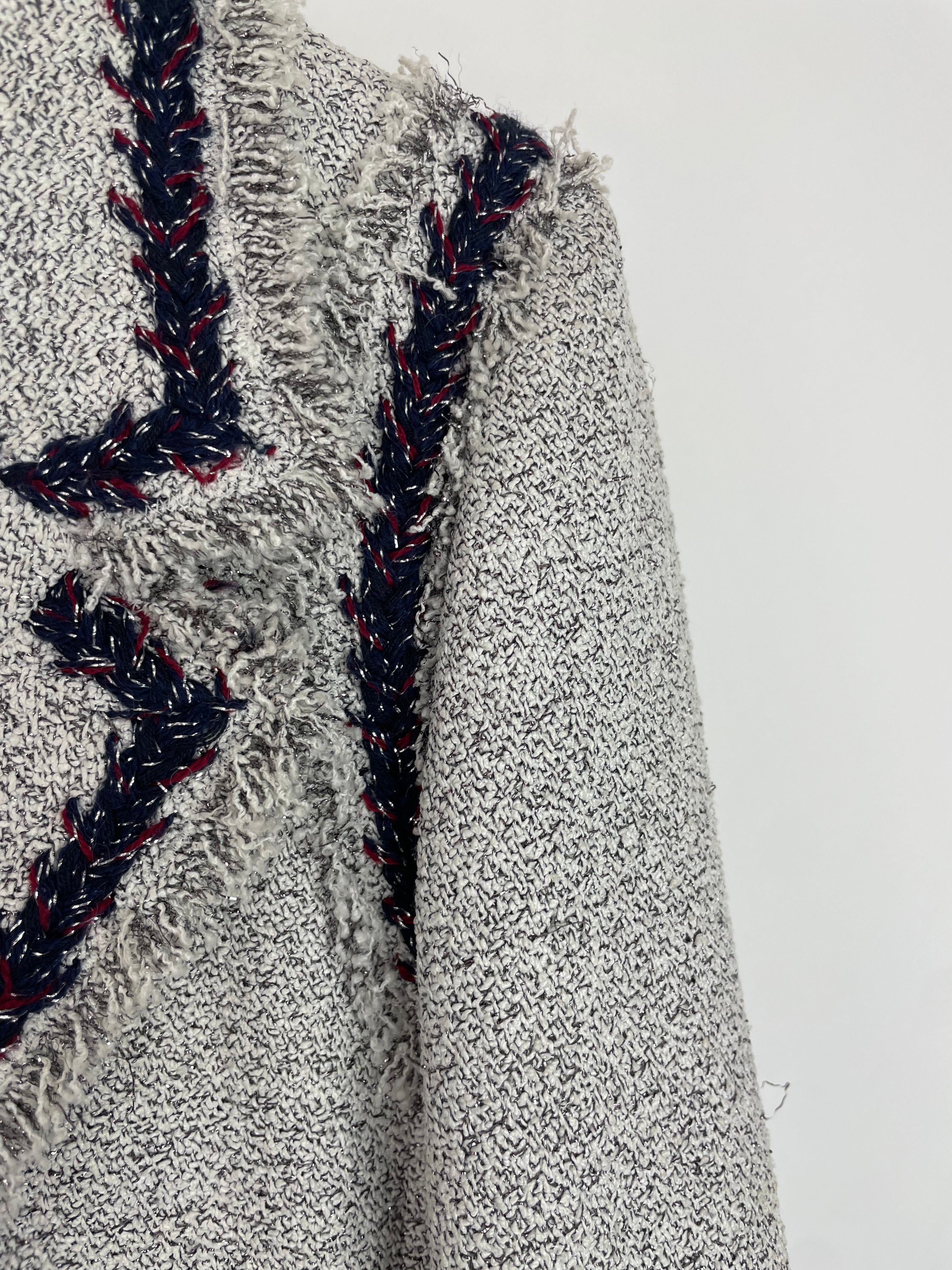 Chanel 08P Light Grey Tweed Jacket with Contrast Navy and Red Tweed Trim with CC Detail Buttons On The Cuff Size FR 38 (UK 10)