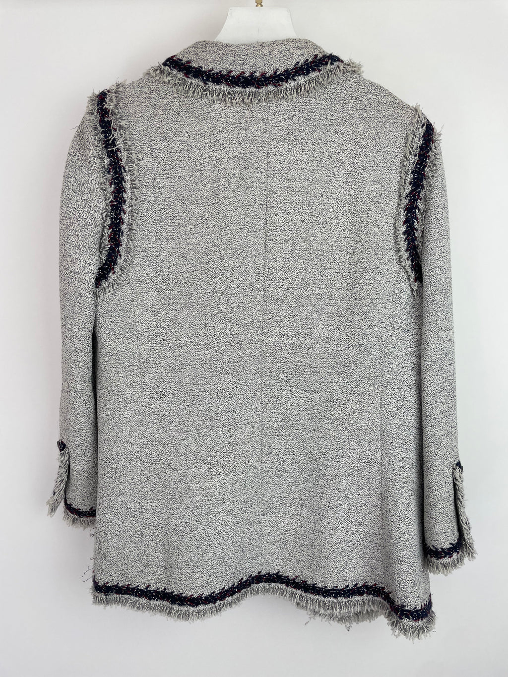 Chanel 08P Light Grey Tweed Jacket with Contrast Navy and Red Tweed Trim with CC Detail Buttons On The Cuff Size FR 38 (UK 10)