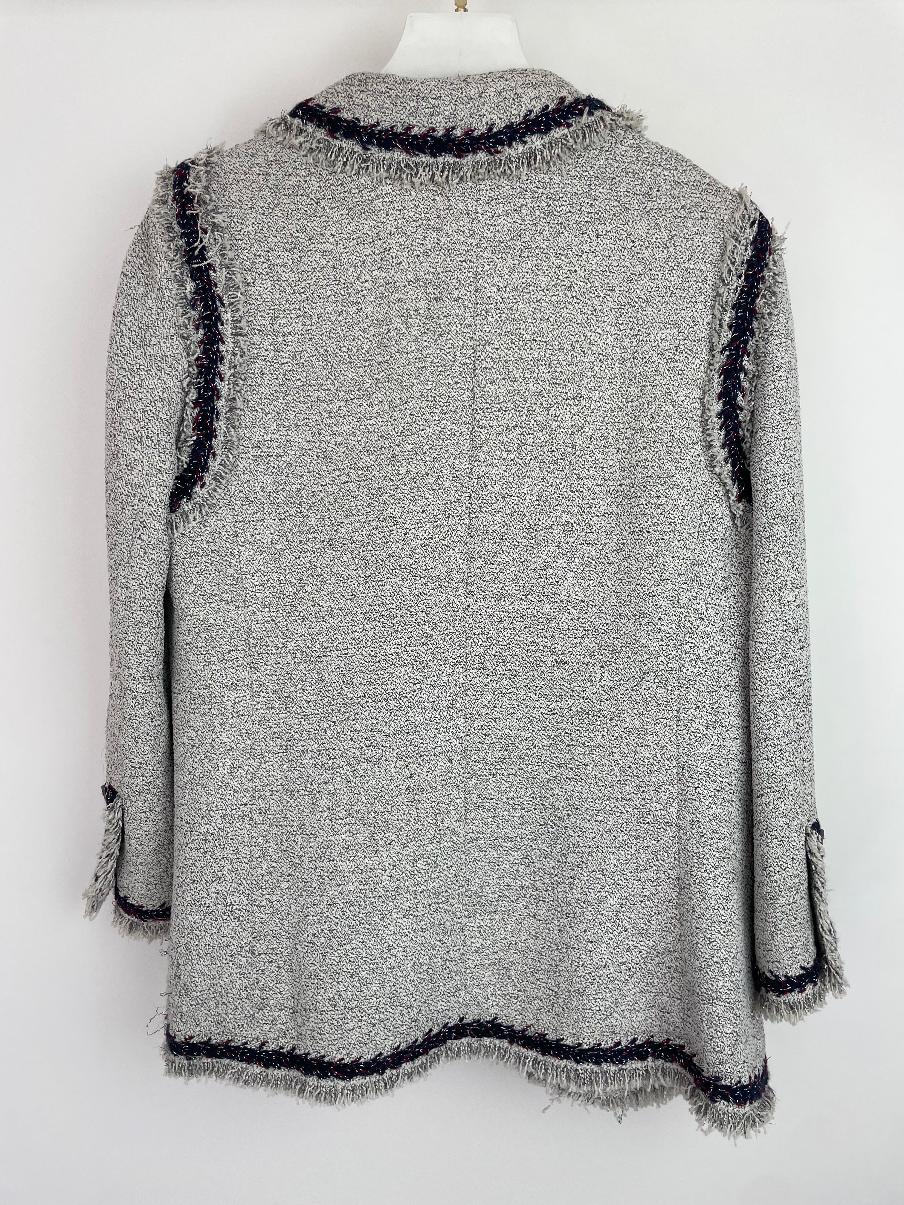 Chanel 08P Light Grey Tweed Jacket with Contrast Navy and Red Tweed Trim with CC Detail Buttons On The Cuff Size FR 38 (UK 10)