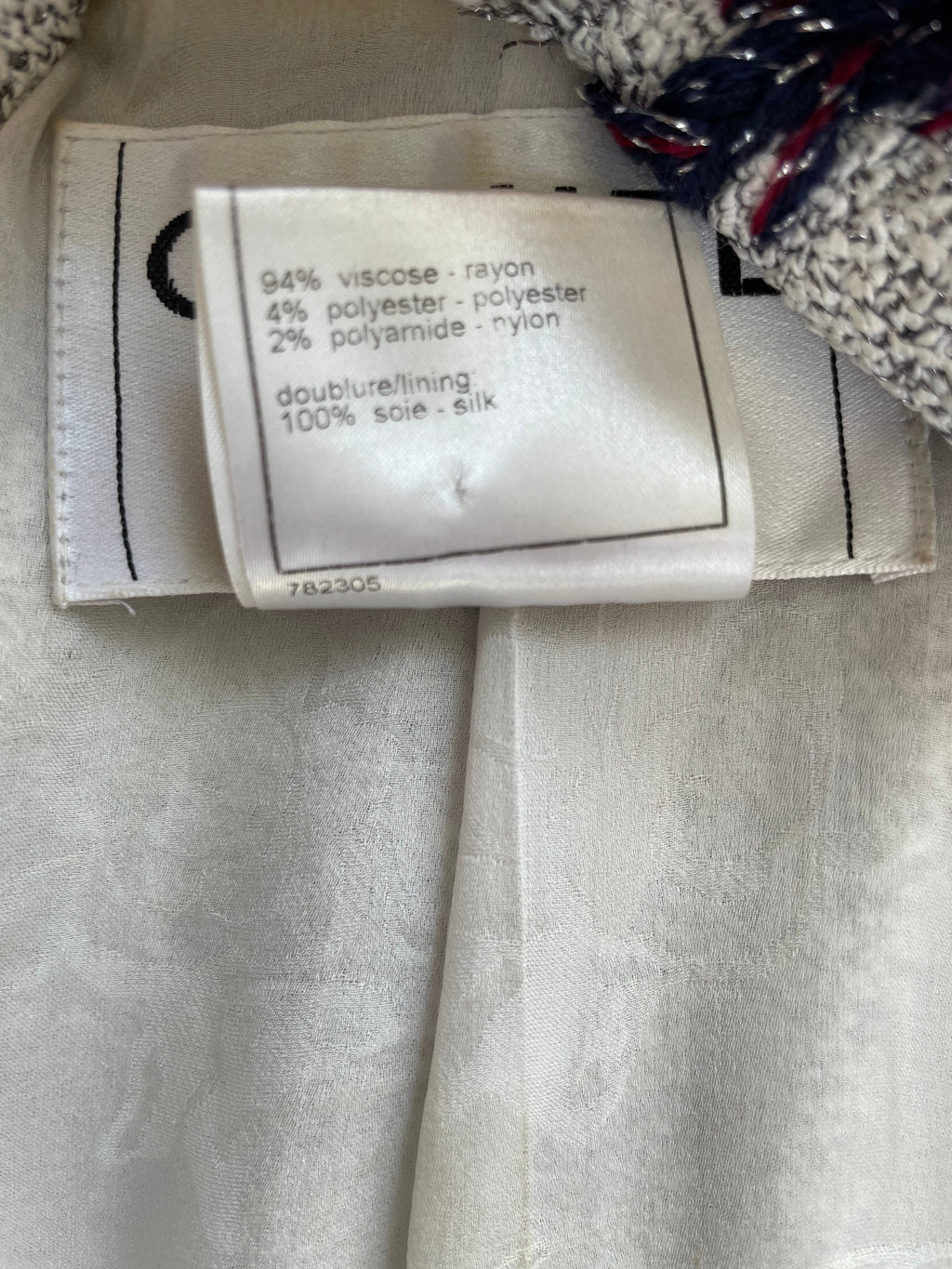 Chanel 08P Light Grey Tweed Jacket with Contrast Navy and Red Tweed Trim with CC Detail Buttons On The Cuff Size FR 38 (UK 10)