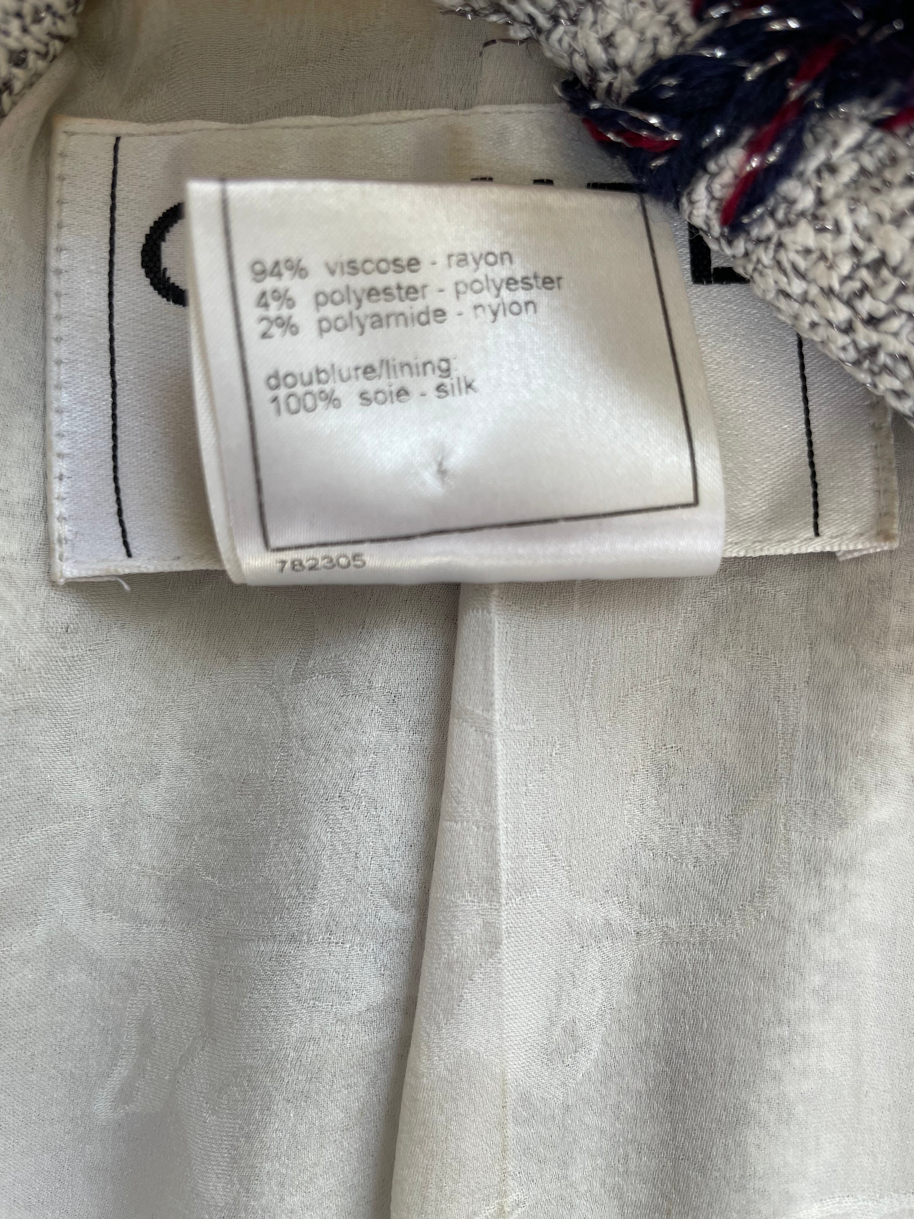 Chanel 08P Light Grey Tweed Jacket with Contrast Navy and Red Tweed Trim with CC Detail Buttons On The Cuff Size FR 38 (UK 10)