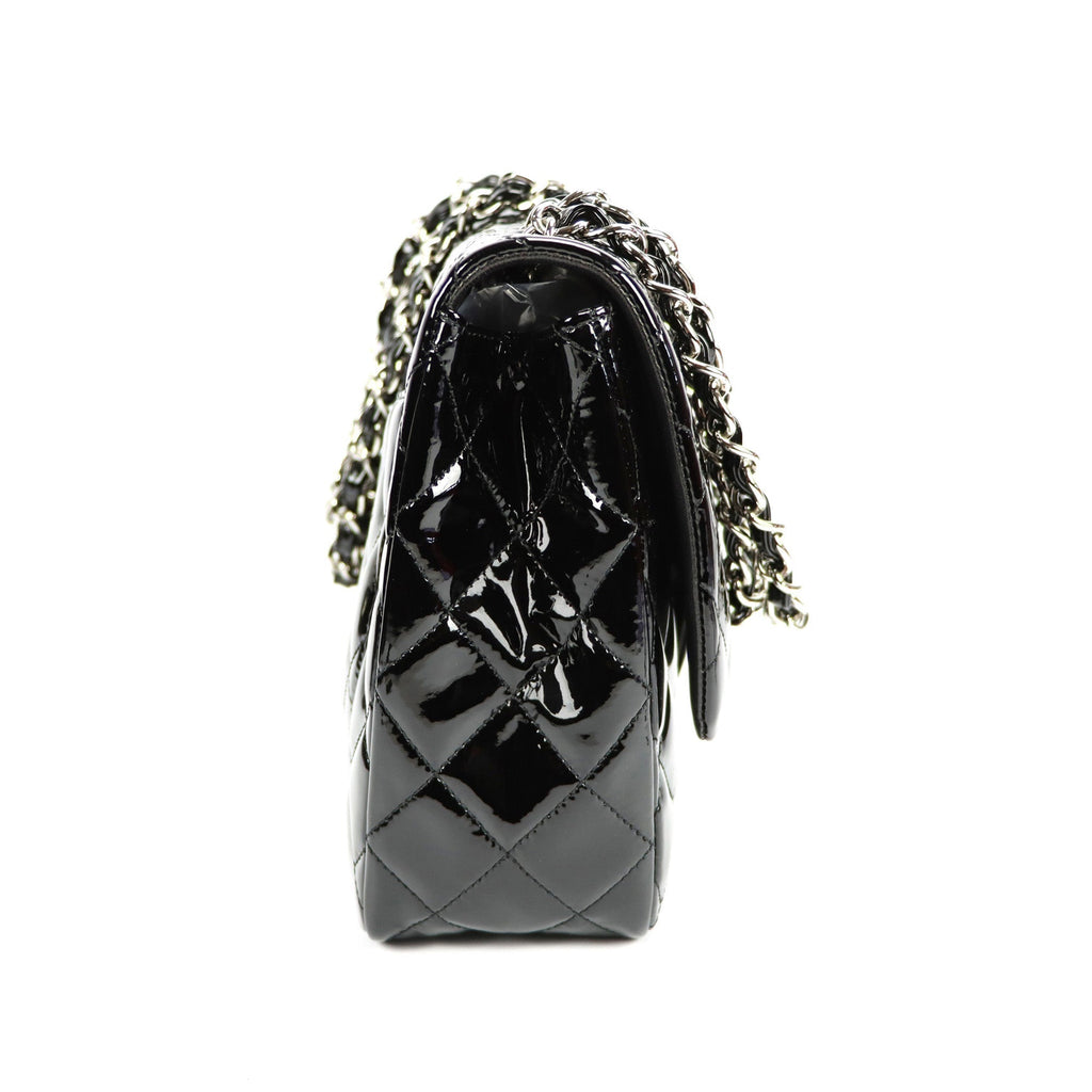 SALE Chanel Classic Single Flap Jumbo Black Patent Leather Silver