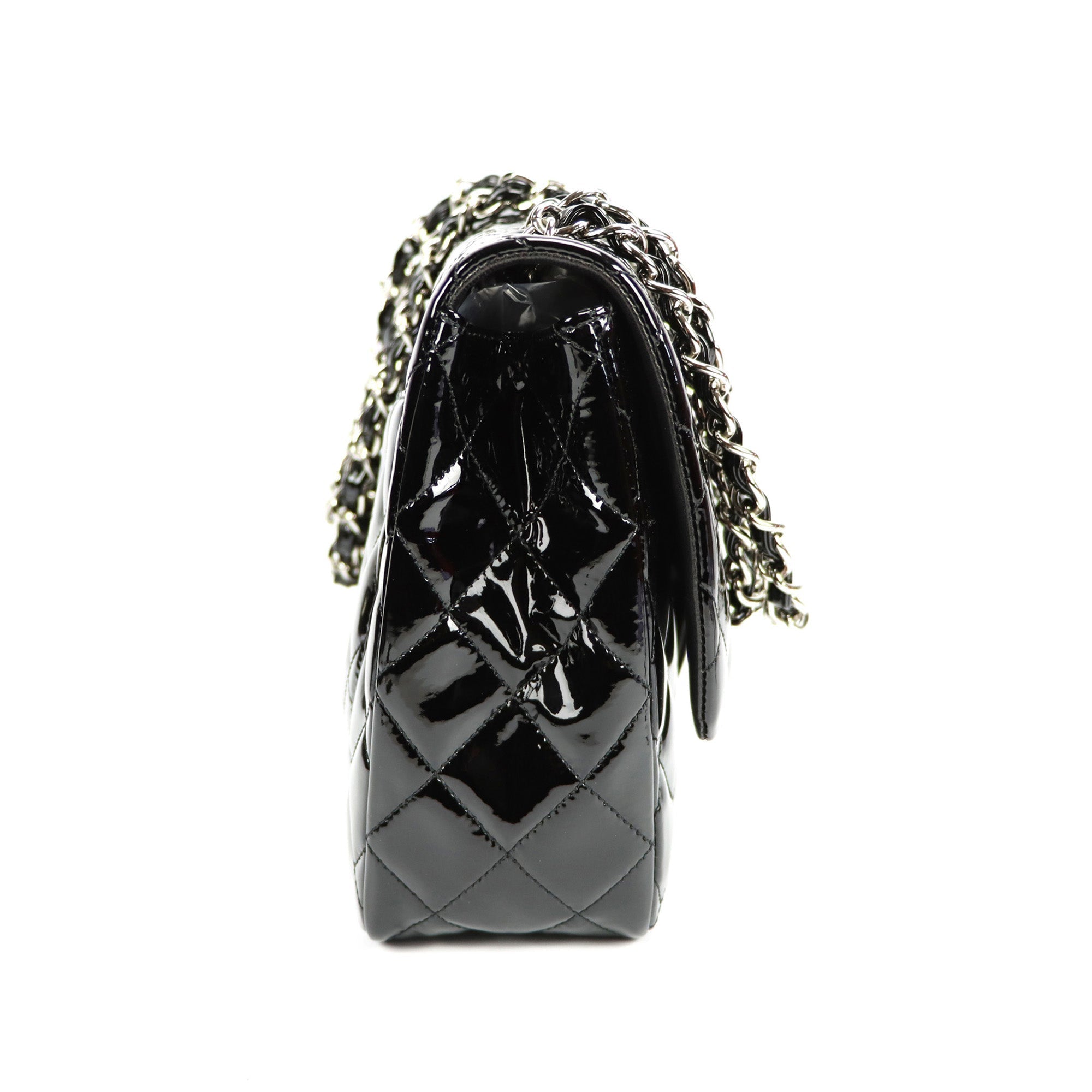 SALE Chanel Classic Single Flap Jumbo Black Patent Leather Silver