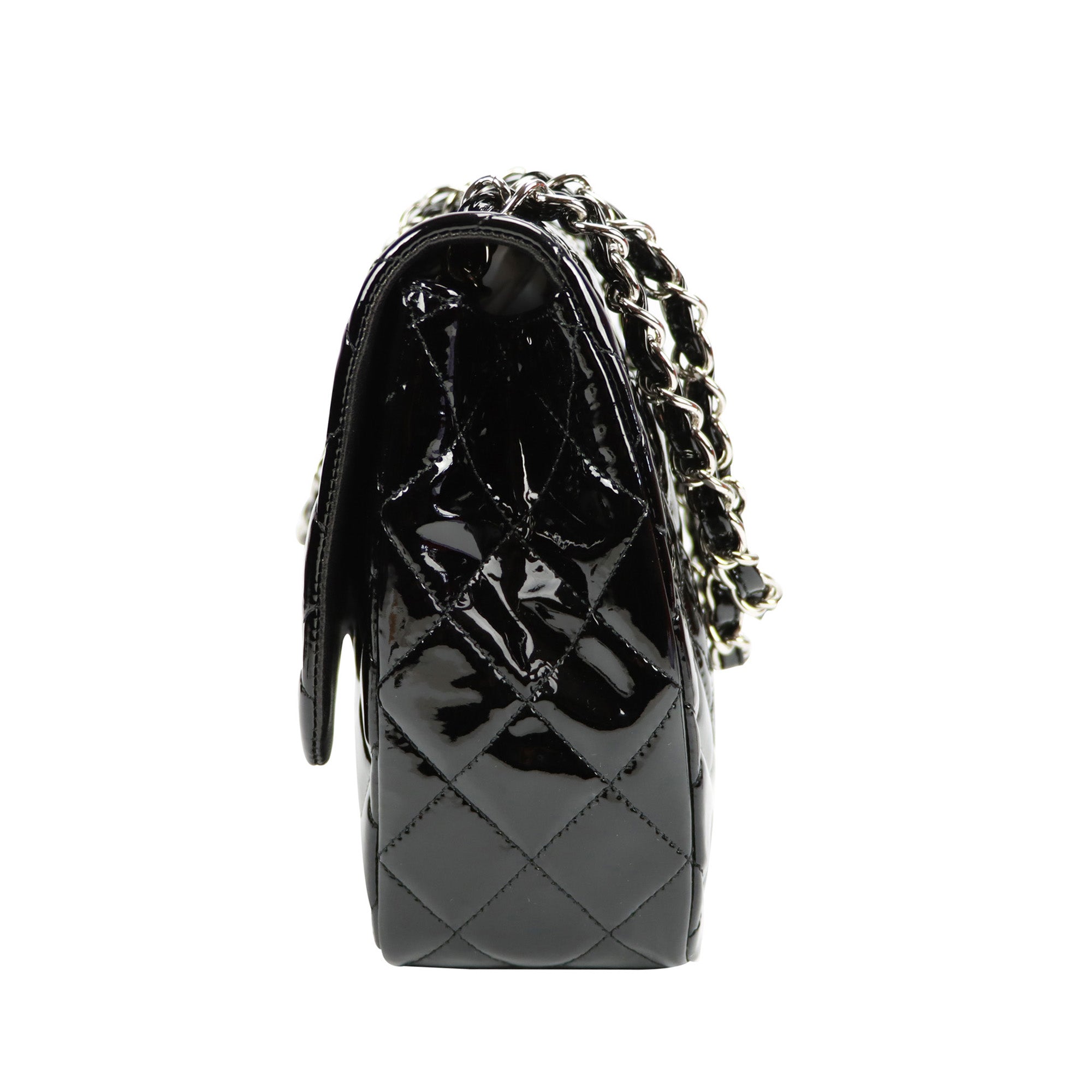 SALE Chanel Classic Single Flap Jumbo Black Patent Leather Silver
