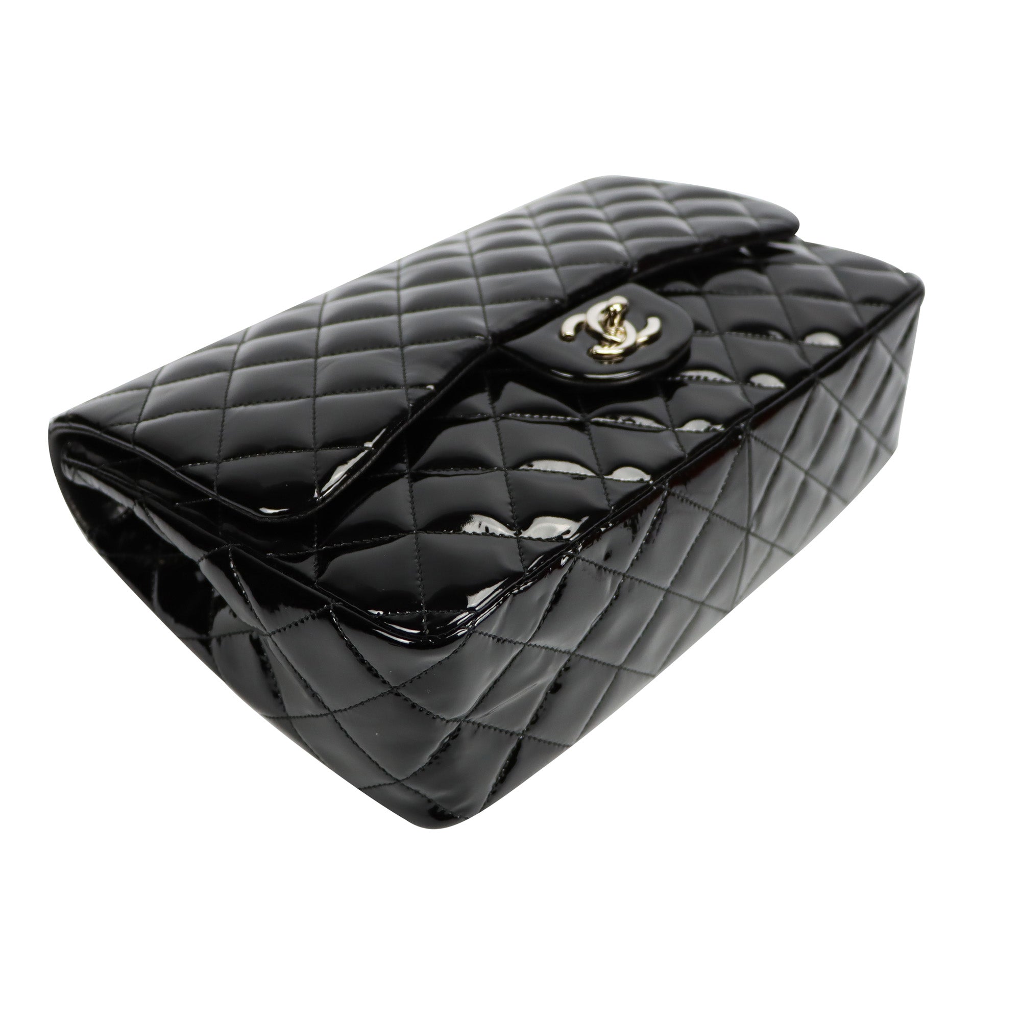 SALE Chanel Classic Single Flap Jumbo Black Patent Leather Silver