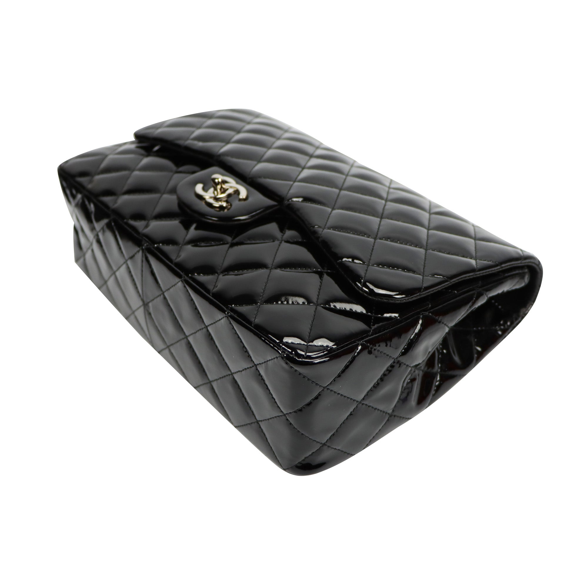 SALE Chanel Classic Single Flap Jumbo Black Patent Leather Silver