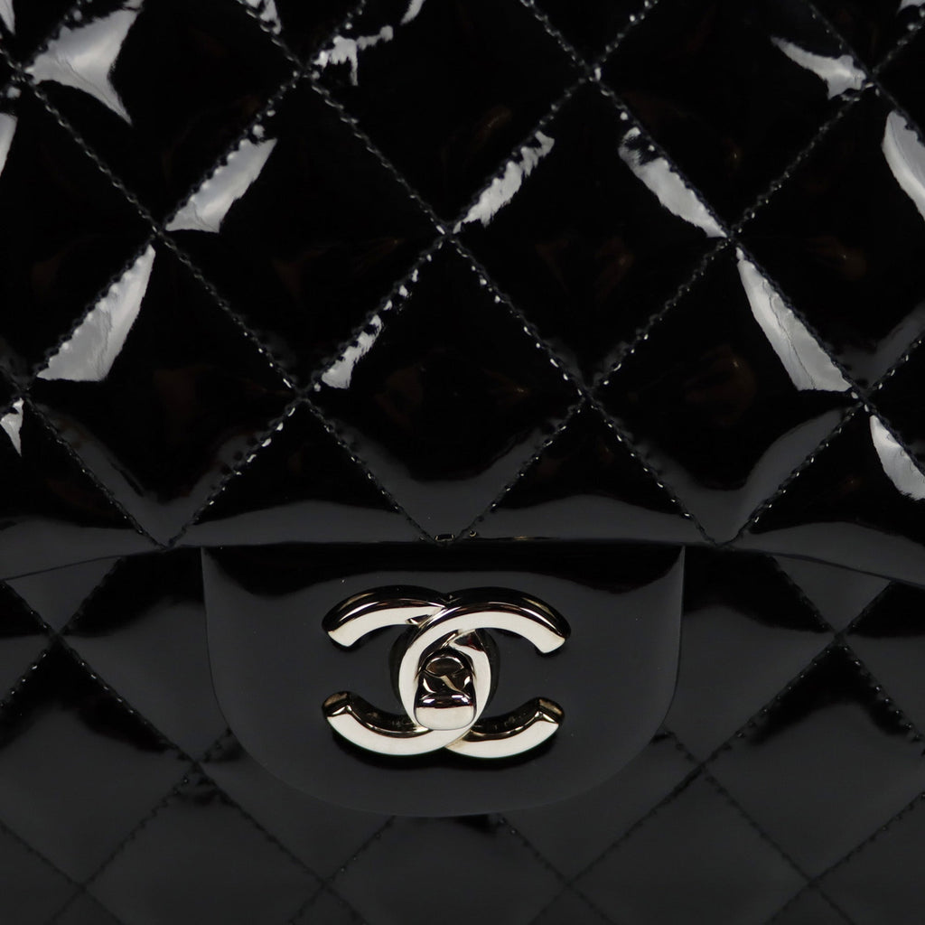 SALE Chanel Classic Single Flap Jumbo Black Patent Leather Silver