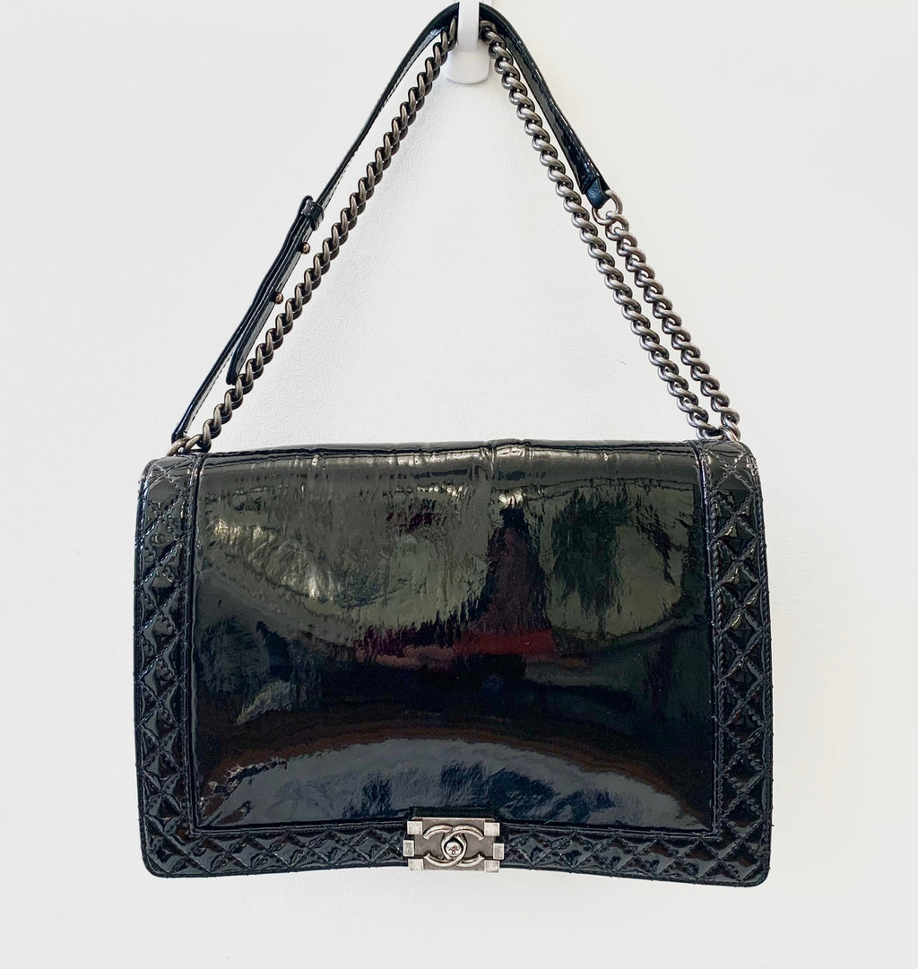 CHANEL REVERSO PATENT LEATHER BOY BAG