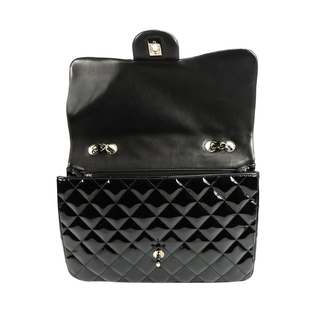 SALE Chanel Classic Single Flap Jumbo Black Patent Leather Silver