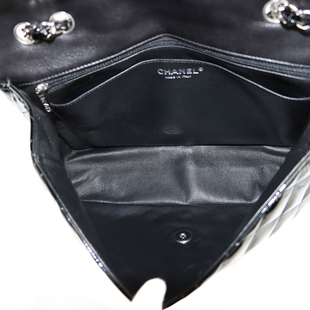 SALE Chanel Classic Single Flap Jumbo Black Patent Leather Silver
