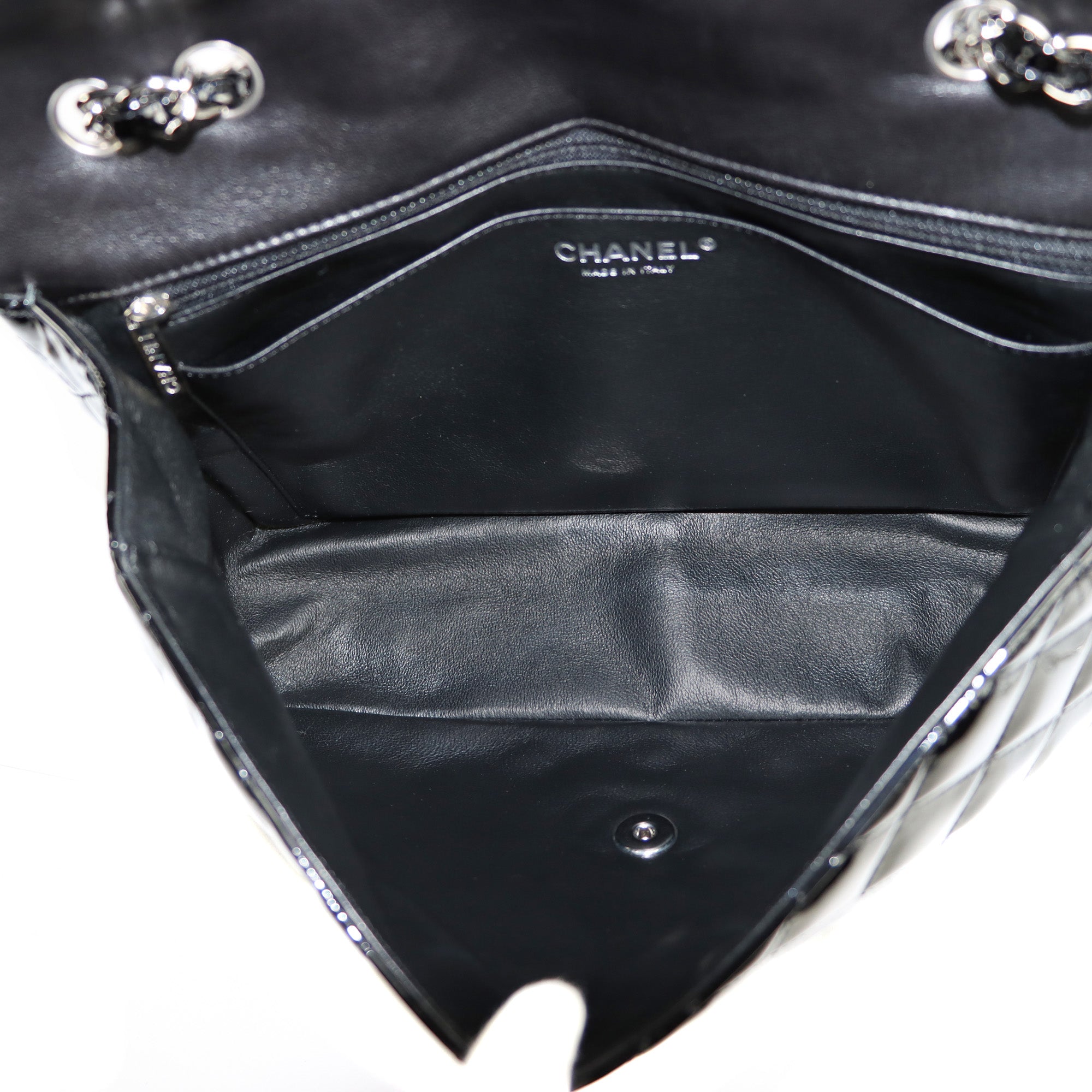 SALE Chanel Classic Single Flap Jumbo Black Patent Leather Silver
