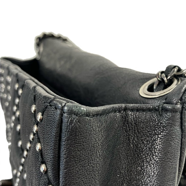 Chanel Black Calfskin Studded Single Flap Shoulder Bag
