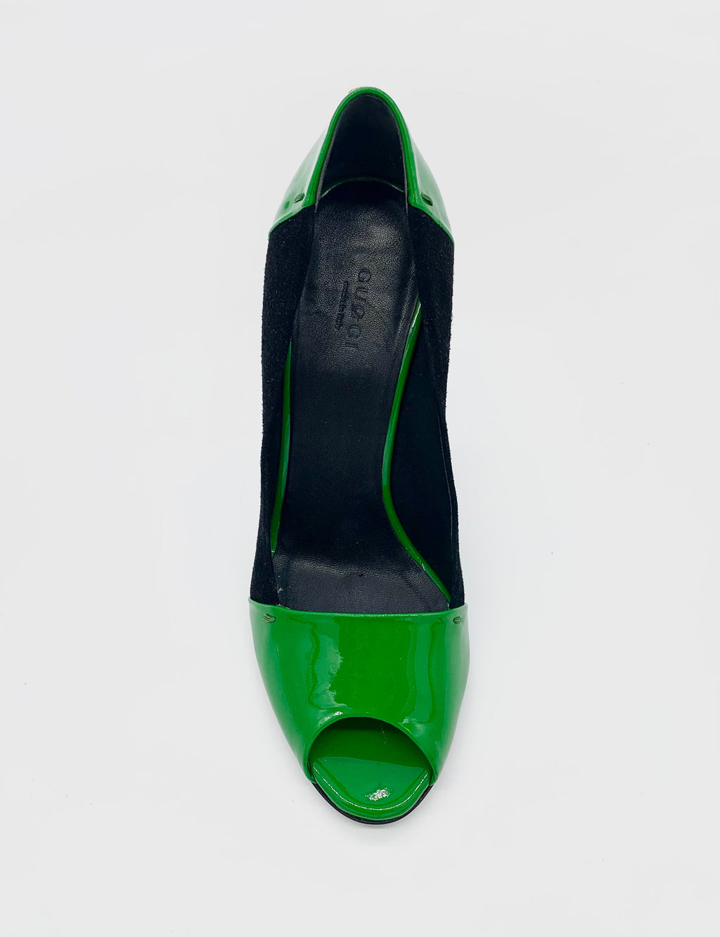 GUCCI PATENT LEATHER PEEP TOE PUMPS