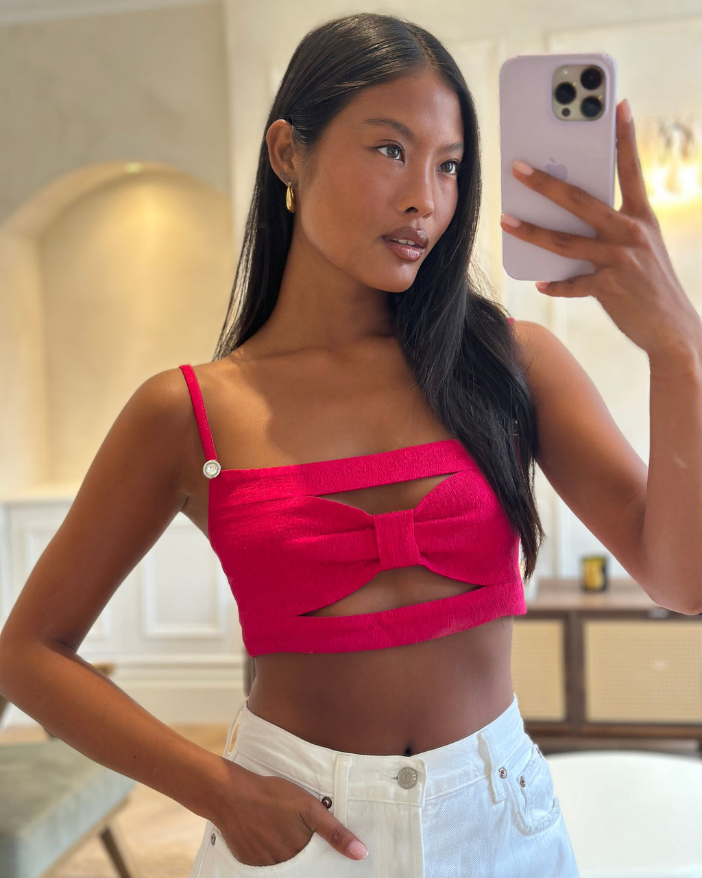 Chanel 21K Raspberry Pink Silk CC Logo Printed Bralette Top with Crystal Details Size FR 38 (UK 10)