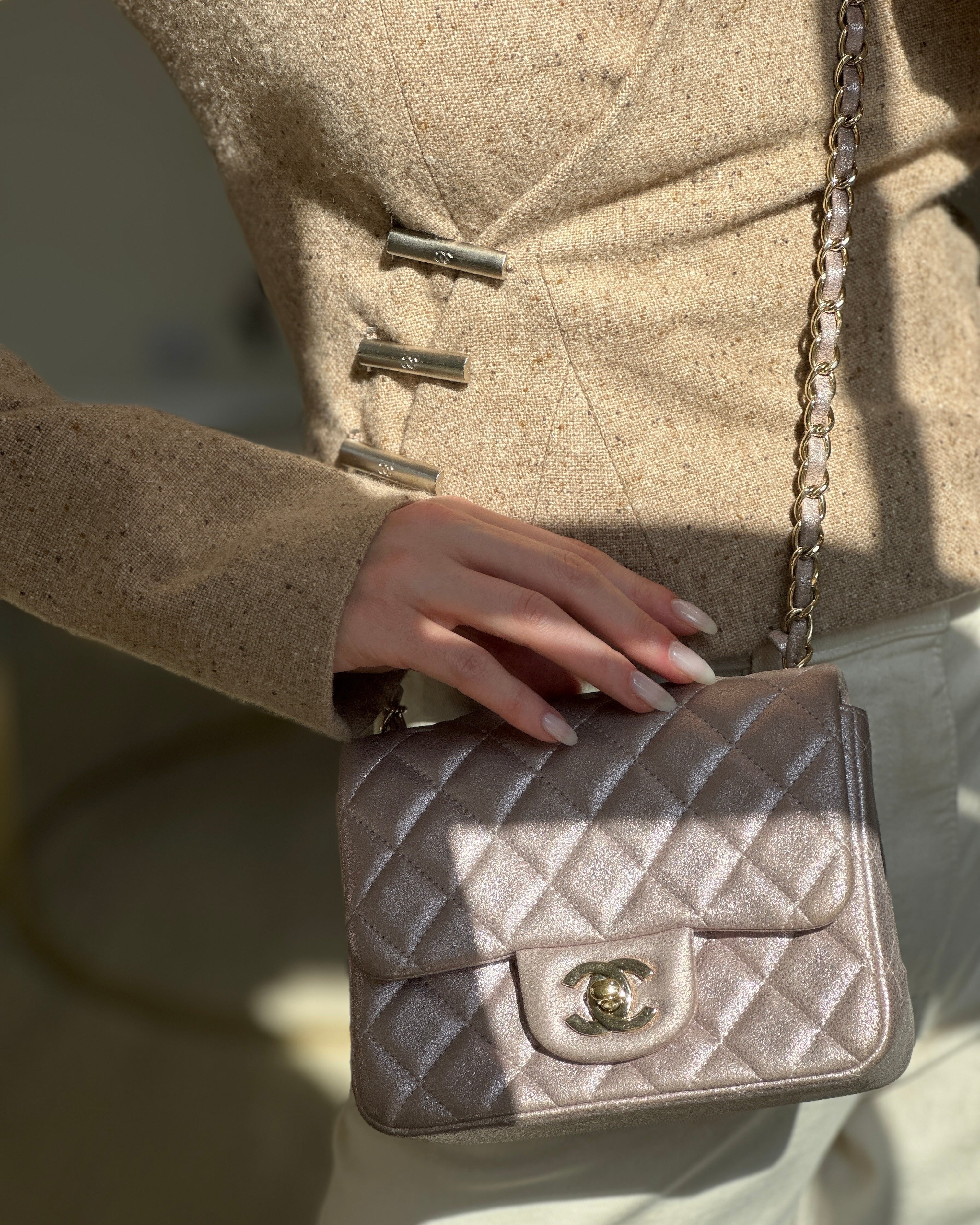 Chanel Metallic Rose Gold Mini Square Flap Bag in Coated Calfskin with Champagne Gold Hardware