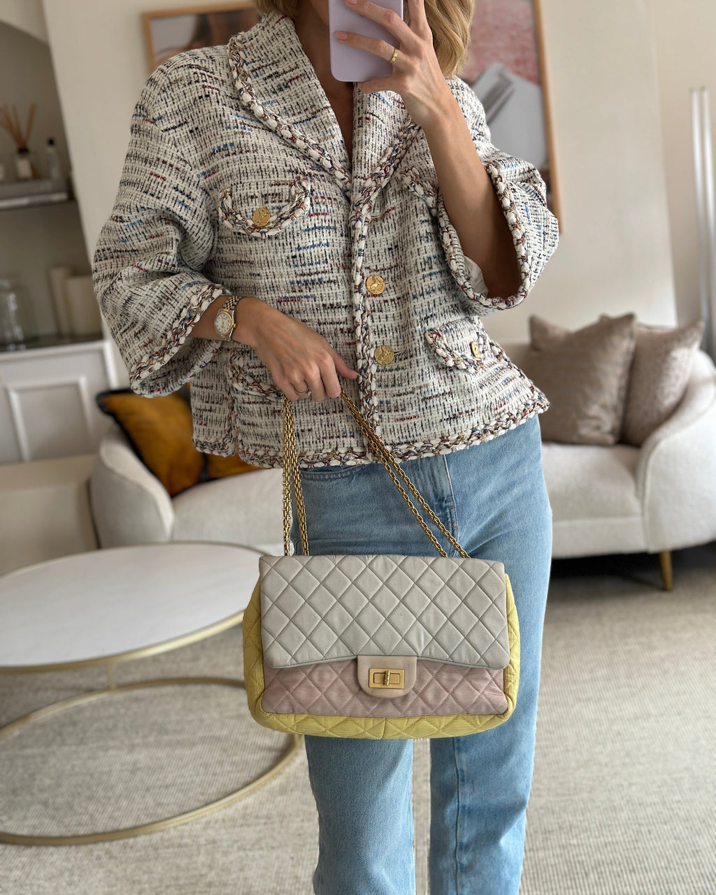 Chanel Large Jersey Reissue Pastel Yellow, Grey and Pink with Antique Gold Hardware