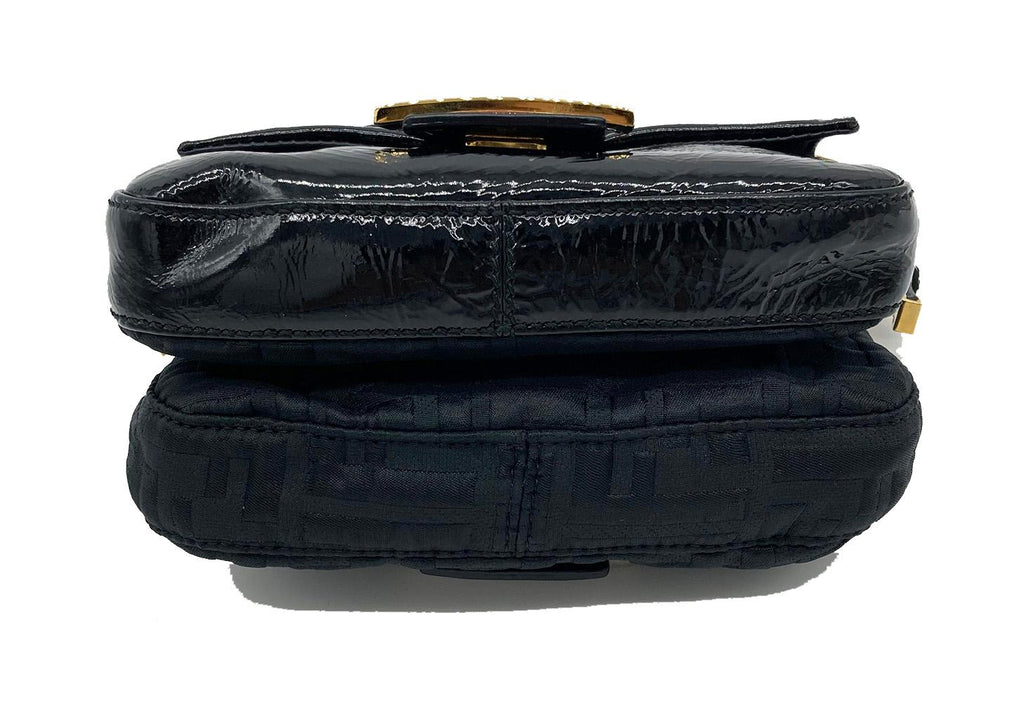 FENDI Black Patent and Silk Zucca Double Mini Baguette